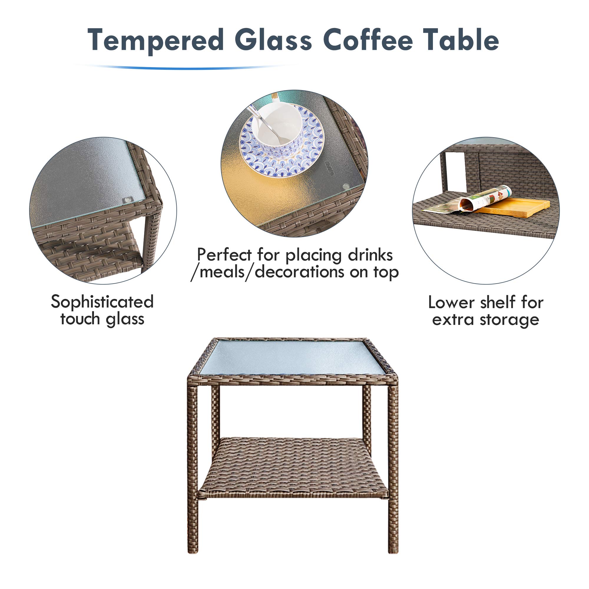 Stamo 3-Piece Outdoor Patio Furniture Set - Wicker Ottoman Chairs with Glass Coffee Table & Grey Removable Cushions, Coffee-Grey - Perfect for Garden, Poolside, and Backyard Relaxation