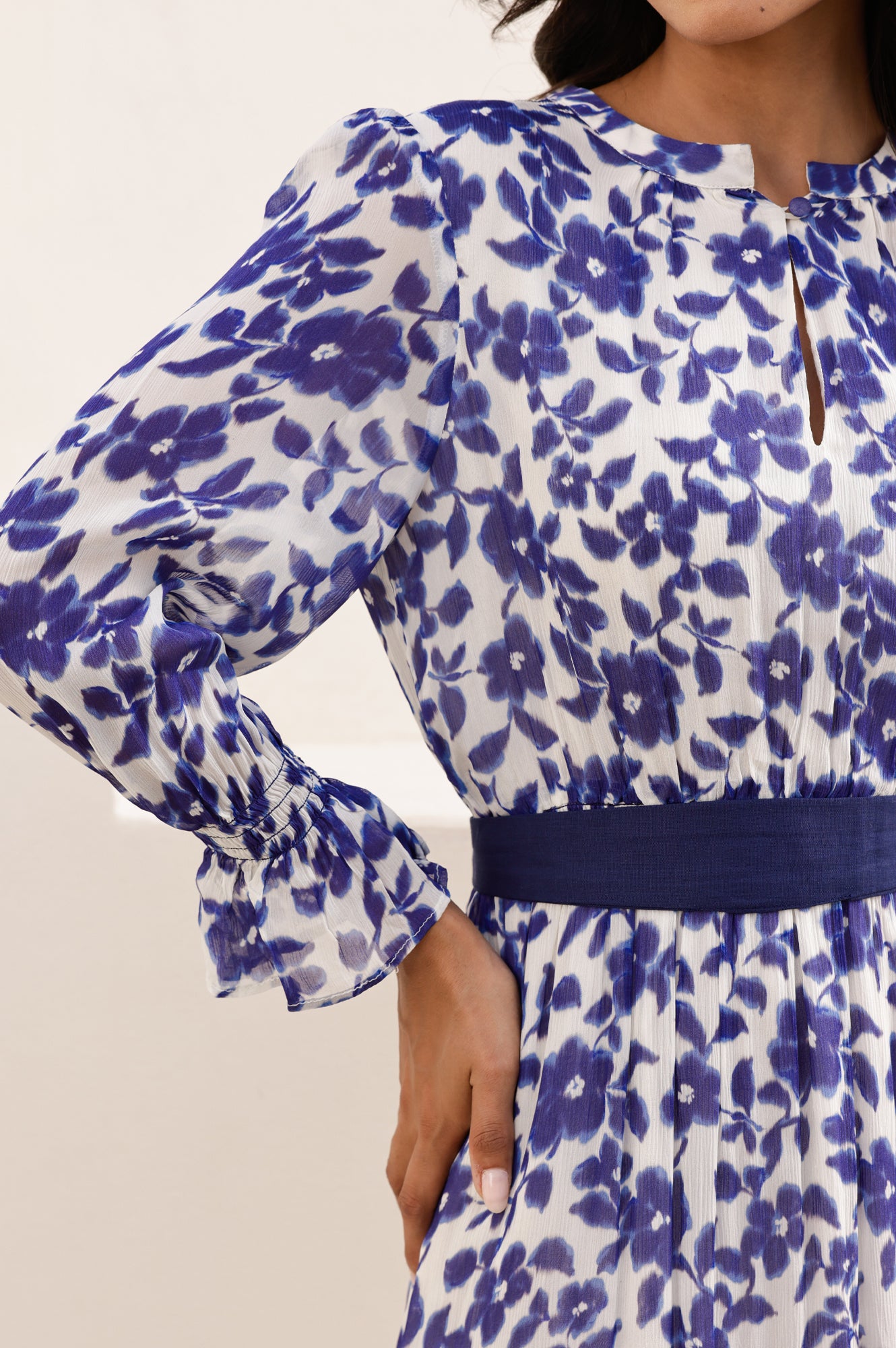 Maeve Georgette Dress - Floral Navy & White Flowy Midi Dress for Women | Perfect for Summer Weddings, Garden Parties & Date Nights