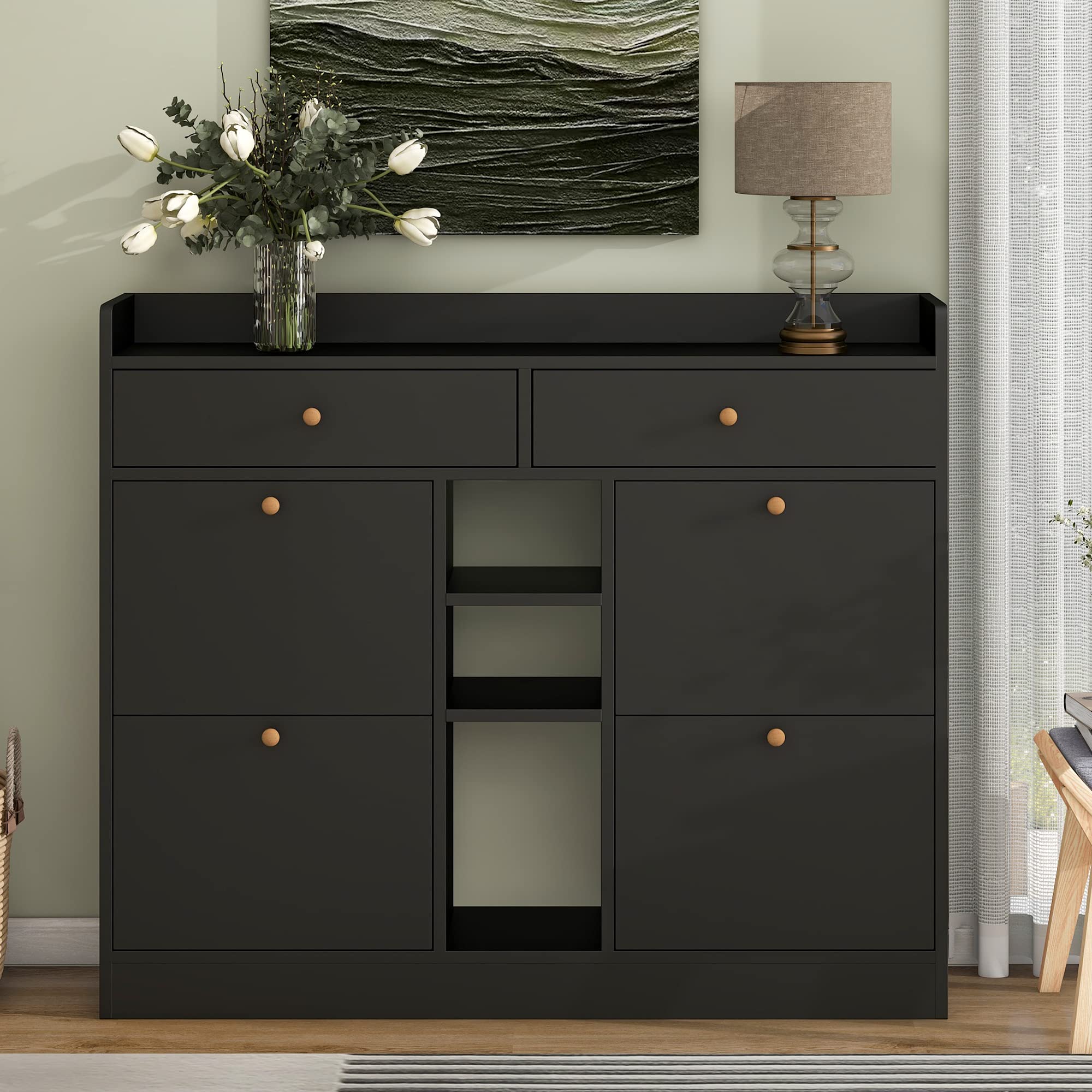 4-Tier Shoe Cabinet with Flip Drawers - Freestanding Shoe Storage Organizer for Entryway, Hallway & Closet - Space Saving Black Shoe Rack for Sneakers, Boots & Sandals - Perfect for Small Apartments & Mudrooms