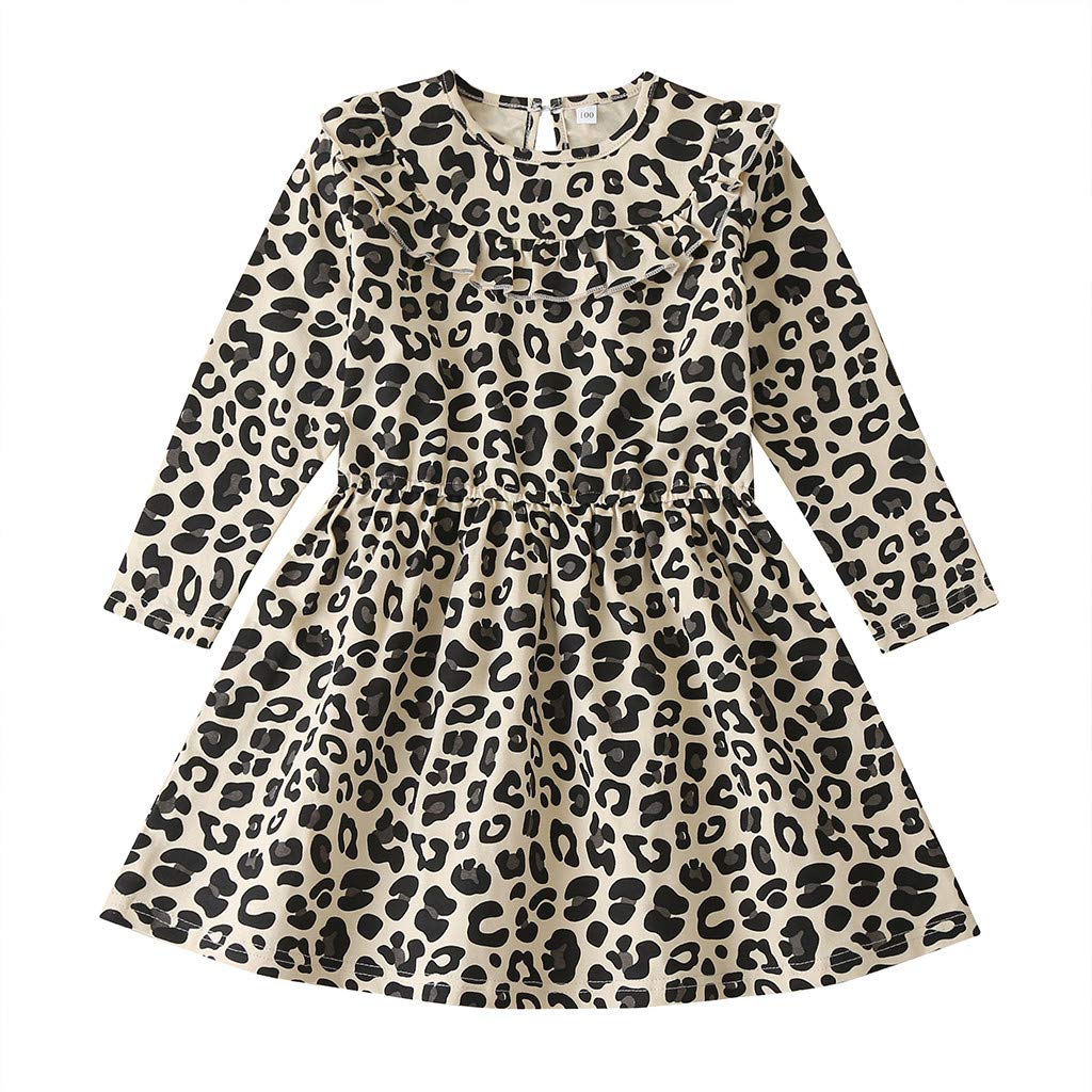 Beehong Leopard Print Girls Long Sleeve Dress & Skirt Set - Toddler Ruffle Dress with Matching Leotard - Cute Animal Print Outfit for Birthday Party, Holiday Photos & Casual Wear
