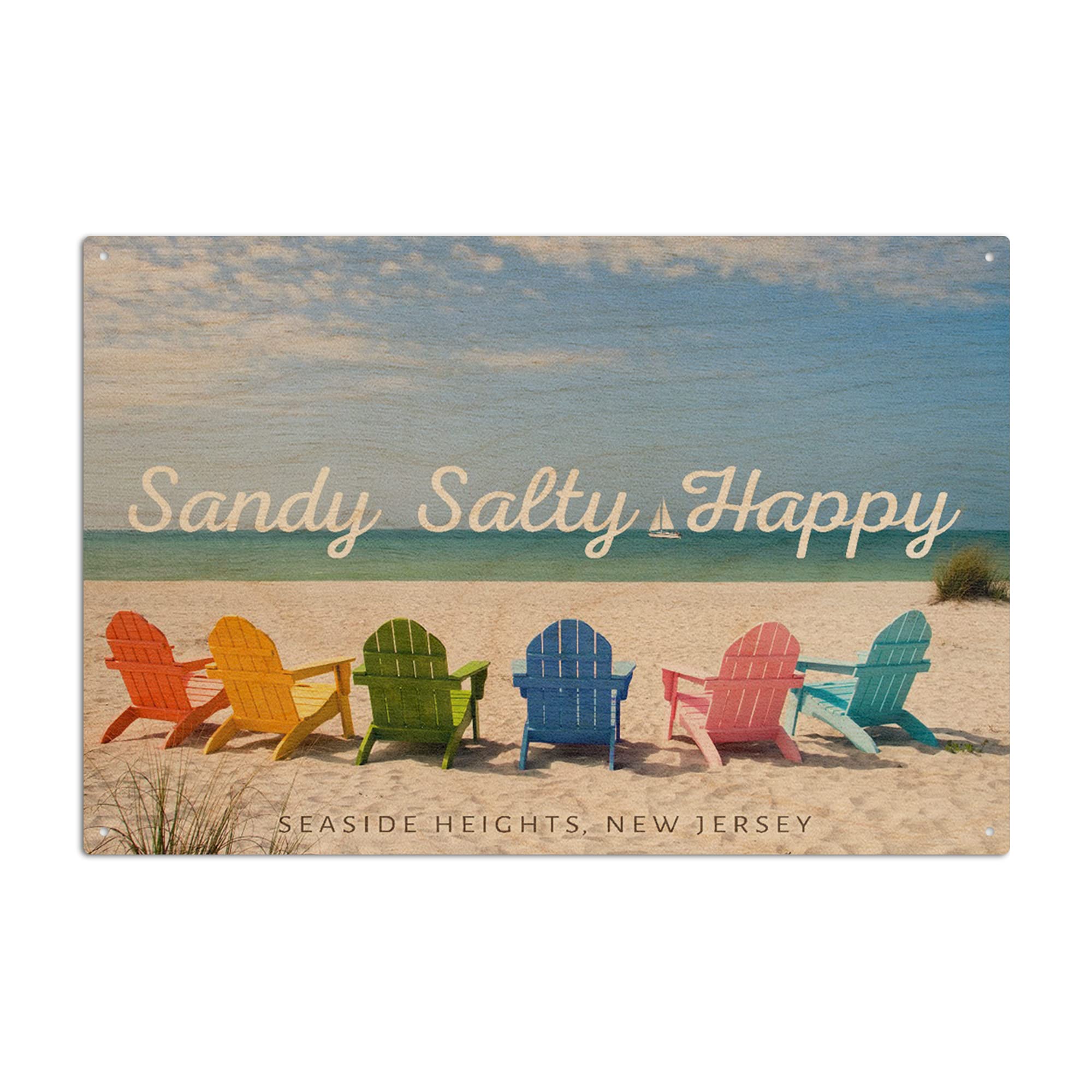 Seaside Heights New Jersey Beach Decor - Sandy Salty Happy Colorful Beach Chairs Birch Wood Wall Sign (6x9 Rustic Home Art, Ready to Hang) - Perfect for Coastal Living Room, Beach House, or Vacation Home Decor