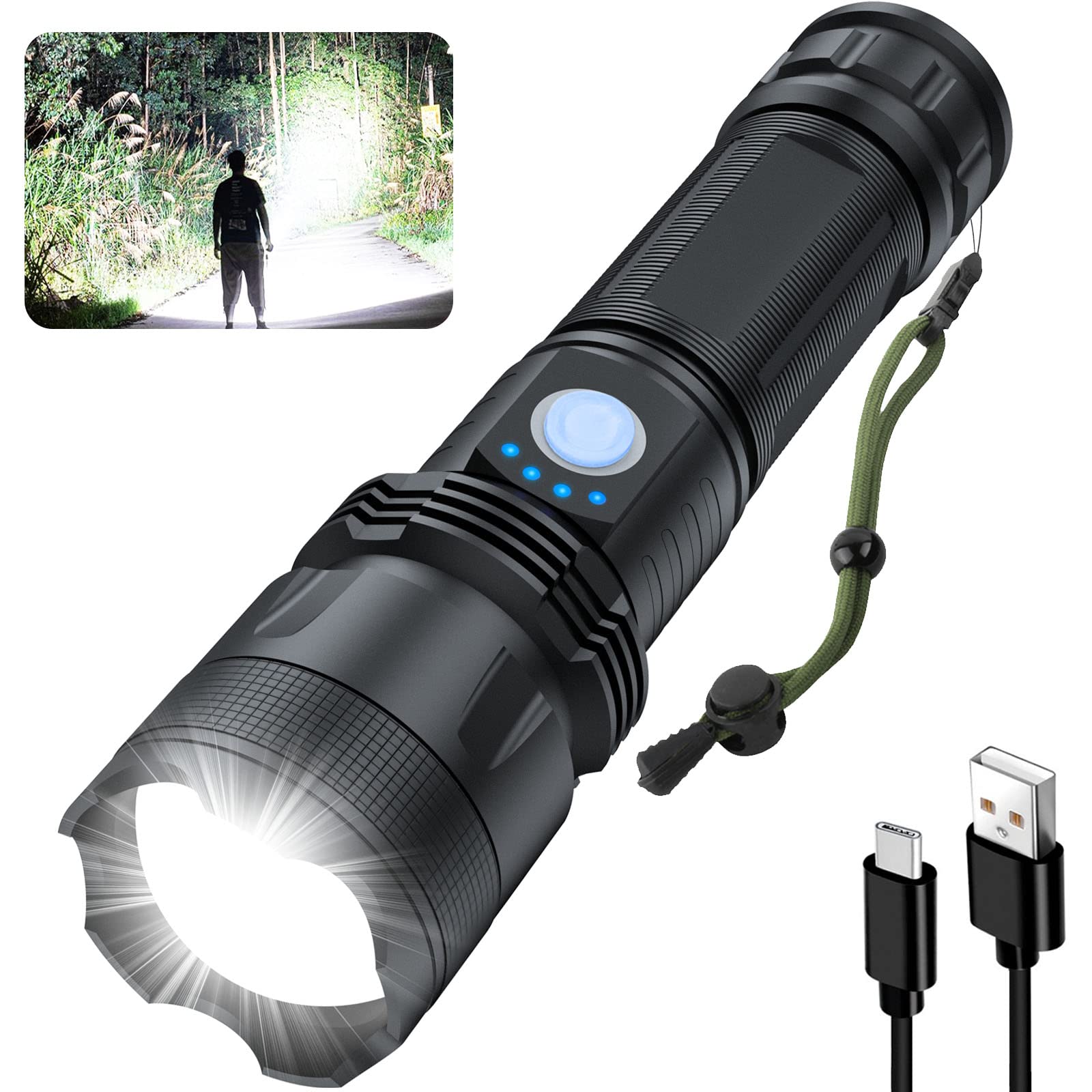 100,000 Lumen Super Bright LED Rechargeable Flashlight - Waterproof High-Powered Handheld Torch with 5 Modes & Zoomable Focus, Includes USB Cable & Battery - Perfect for Emergency Kits, Camping Gear, Hiking, Power Outages, and Outdoor Adventures