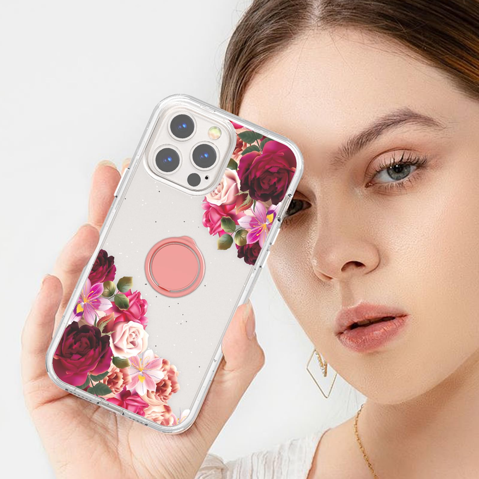 ACKETBOX iPhone 13 Pro Max Case with Screen Protector & Camera Lens Protector + Ring Holder - Floral Phone Cover for iPhone 13 Pro Max (Big Red Flower 01) - Perfect for Daily Use, Outdoor Activities & Travel Protection