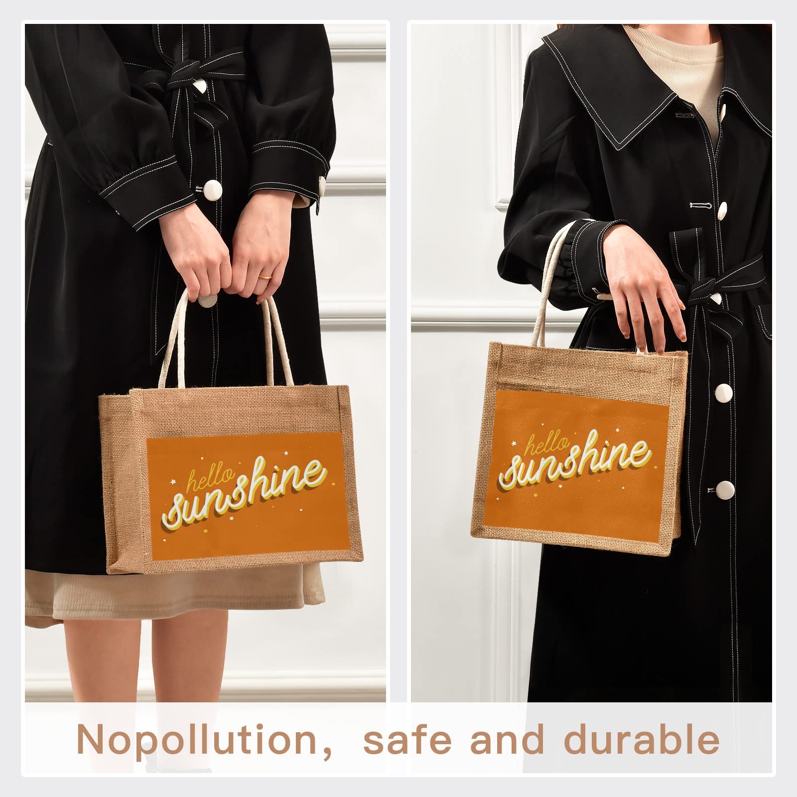 Linqin Hello Sunshine Orange Jute Tote Bag - Waterproof Burlap Straw Grocery Bag with Sturdy Handles for Shopping, Travel & Beach - Perfect for Farmers Market, Picnics and Summer Outings