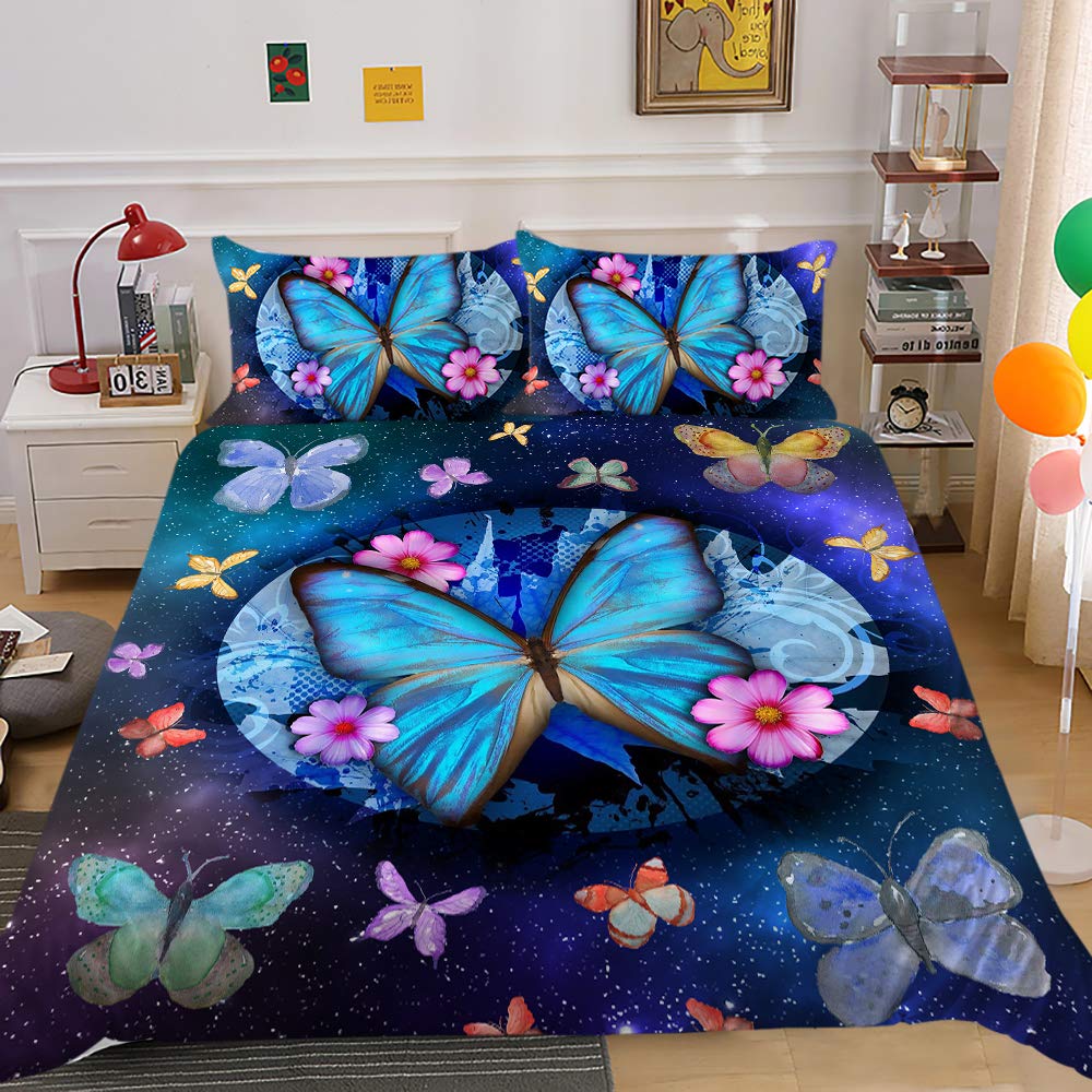 Luxury Butterfly Bedding Set Queen Size - Soft Duvet Cover with Pillowcases, Blue Floral Design - Twin/Full/King Size Bedding (Comforter Not Included) - Perfect for Master Bedroom, Guest Room & Cozy Home Decor