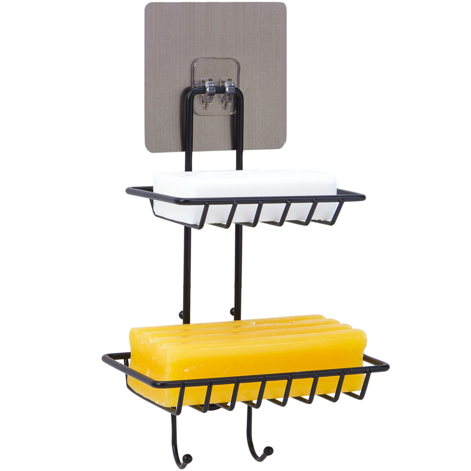 2-Tier Stainless Steel Soap Dish with Hooks - Wall Mounted Soap Holder for Shower, Bathroom & Kitchen - No Drilling Adhesive - Perfect for Organizing Soap, Sponges & Bath Accessories