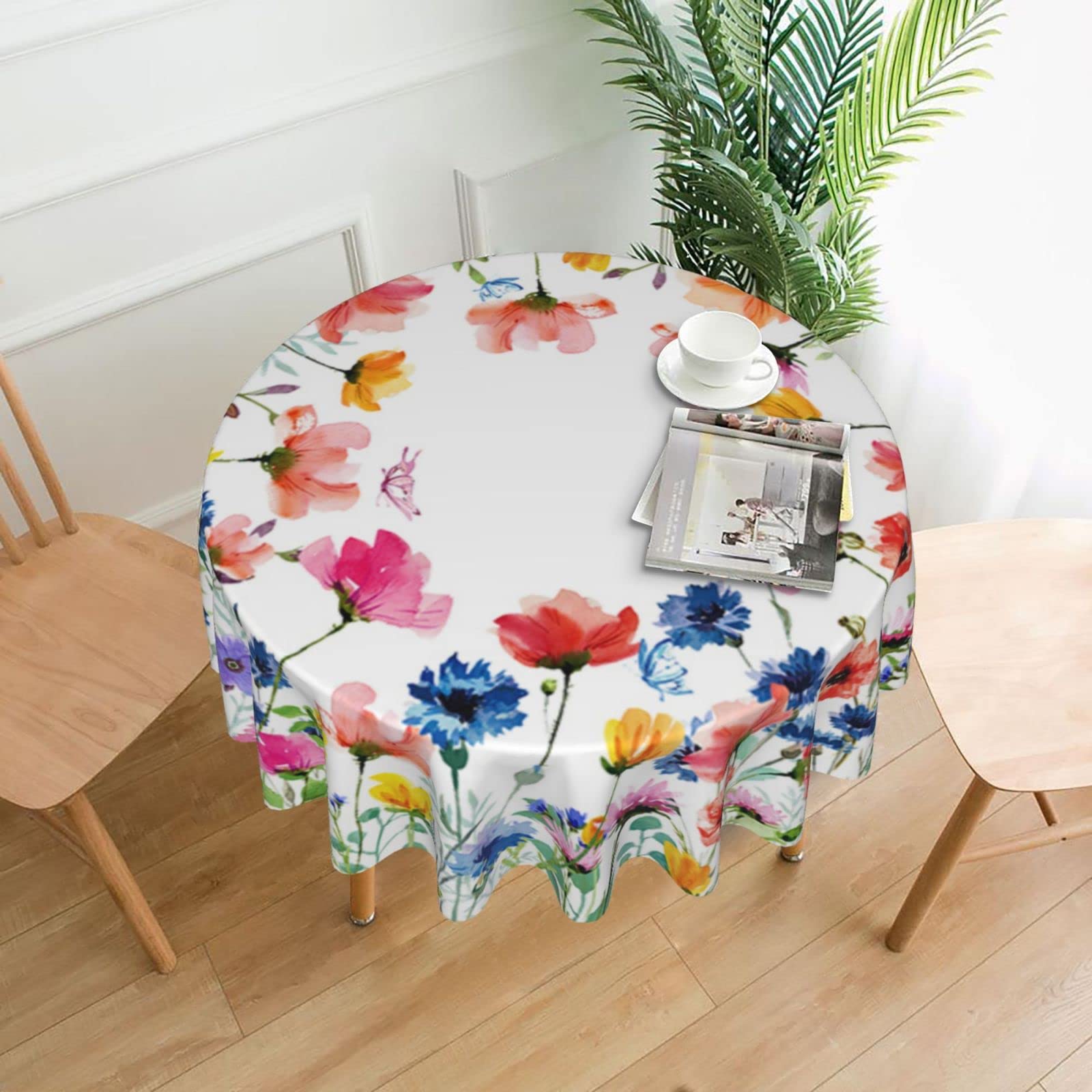 Butterfly Spring Floral 60 Inch Round Polyester Washable Tablecloth for Kitchen, Dining Room, Wedding, and Party