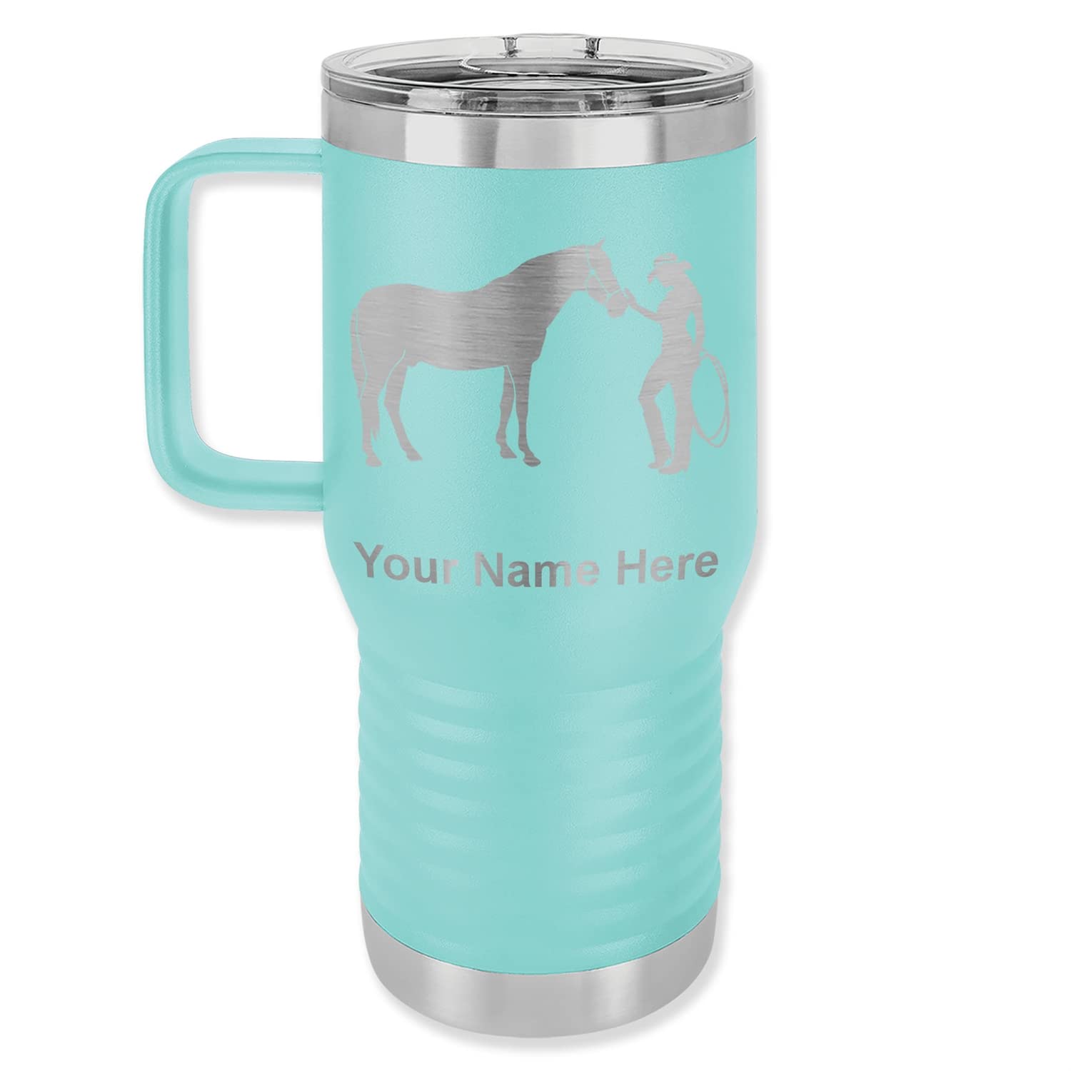 LaserGram 20oz Vacuum Insulated Stainless Steel Travel Mug with Handle - Personalized Engraving, Horse & Cowgirl Design (Teal) - Perfect for Coffee, Tea & Hot/Cold Drinks On The Go, Office, Camping & Outdoor Adventures