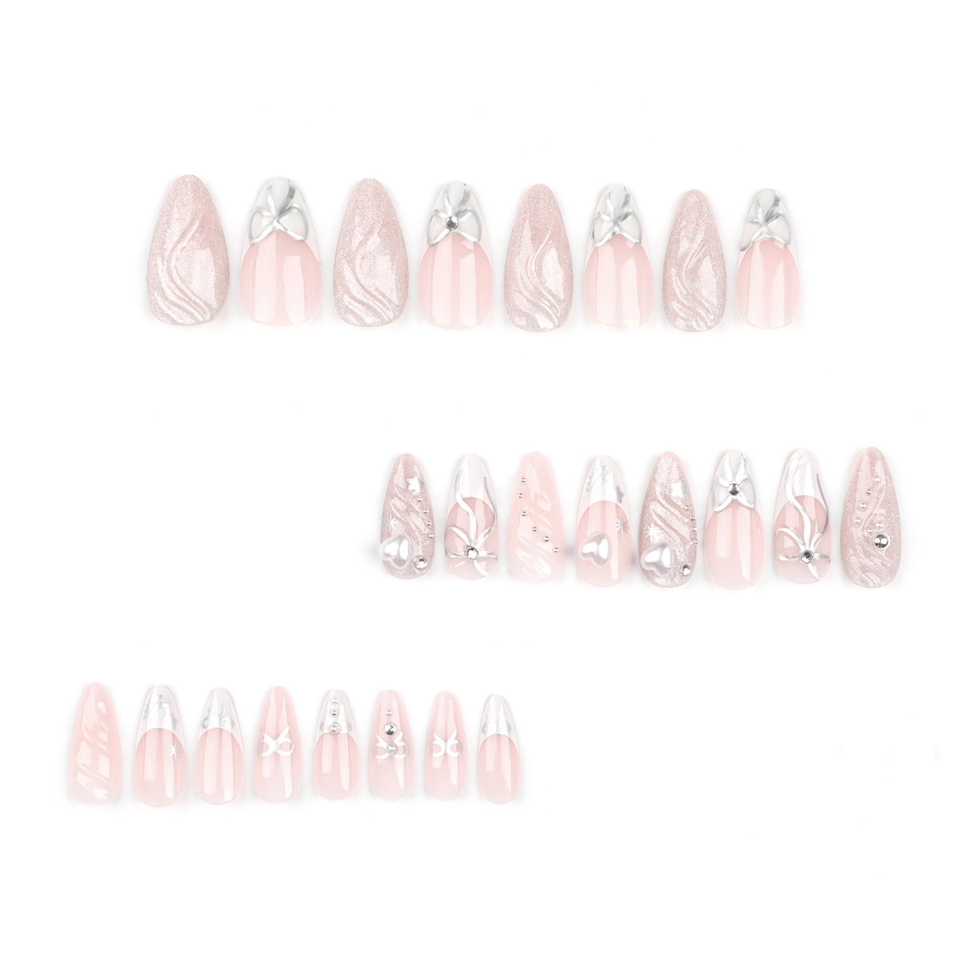 24Pcs Medium French Tip Press on Nails with 3D Silver Bow & Water Ripple Design - Y2K Star Stiletto Fake Nails for Women | Full Cover Stick on Acrylic Nails | Perfect for Parties, Weddings & Everyday Manicure