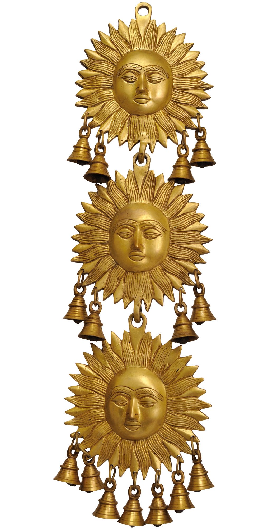 Triple Surya Sun Wall Hanging with Bells - Handmade Spiritual Home Decor for Meditation Room, Yoga Studio & Boho Living Space