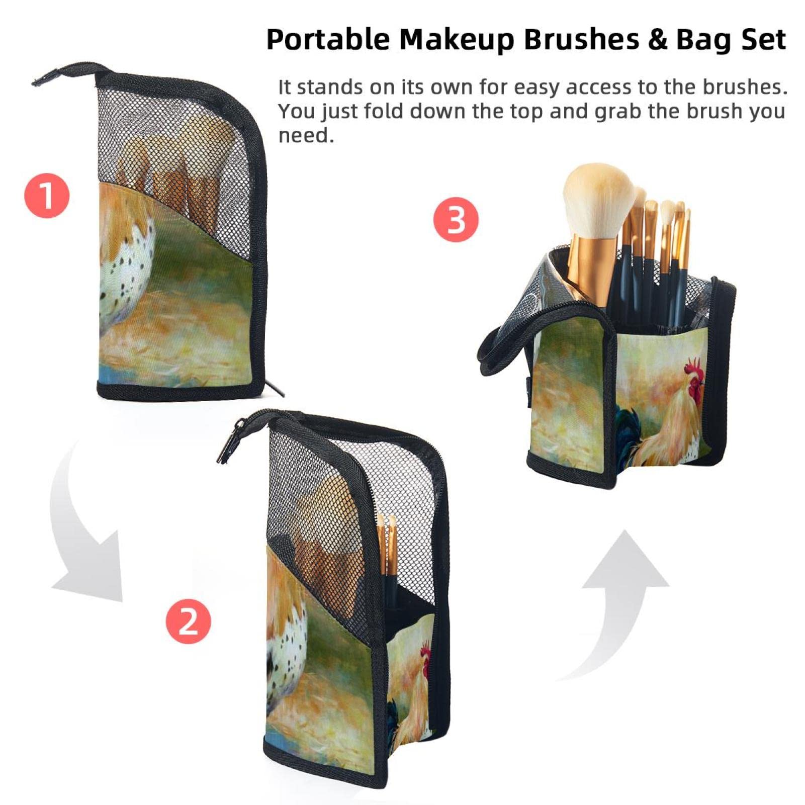 12-Piece Makeup Brush Organizer Bag with Colorful Rooster Design - Portable Cosmetic Brush Holder Case for Travel, Home & Professional Makeup Storage