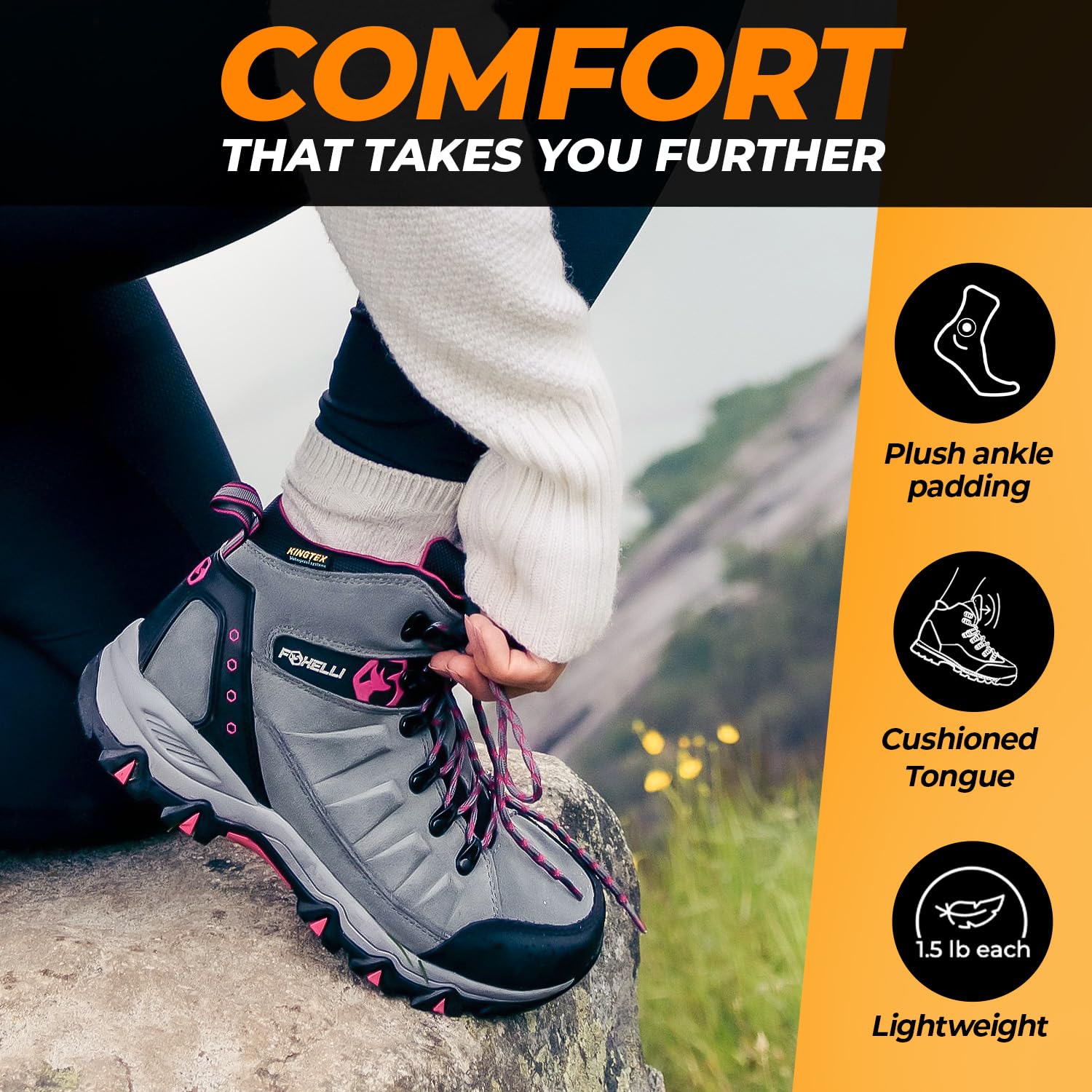 Foxelli Women's Hiking Boots Waterproof Lightweight Breathable Suede Leather - Perfect for Outdoor Adventures, Trail Walking & Camping