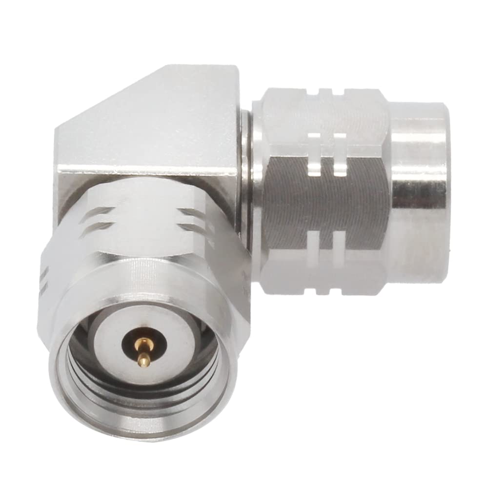 1.85mm Male to 1.85mm Male Right Angle RF Adapter | DC-67GHz 50 Ohm Stainless Steel Microwave Connector | for Test Equipment, RF Systems & High-Frequency Applications