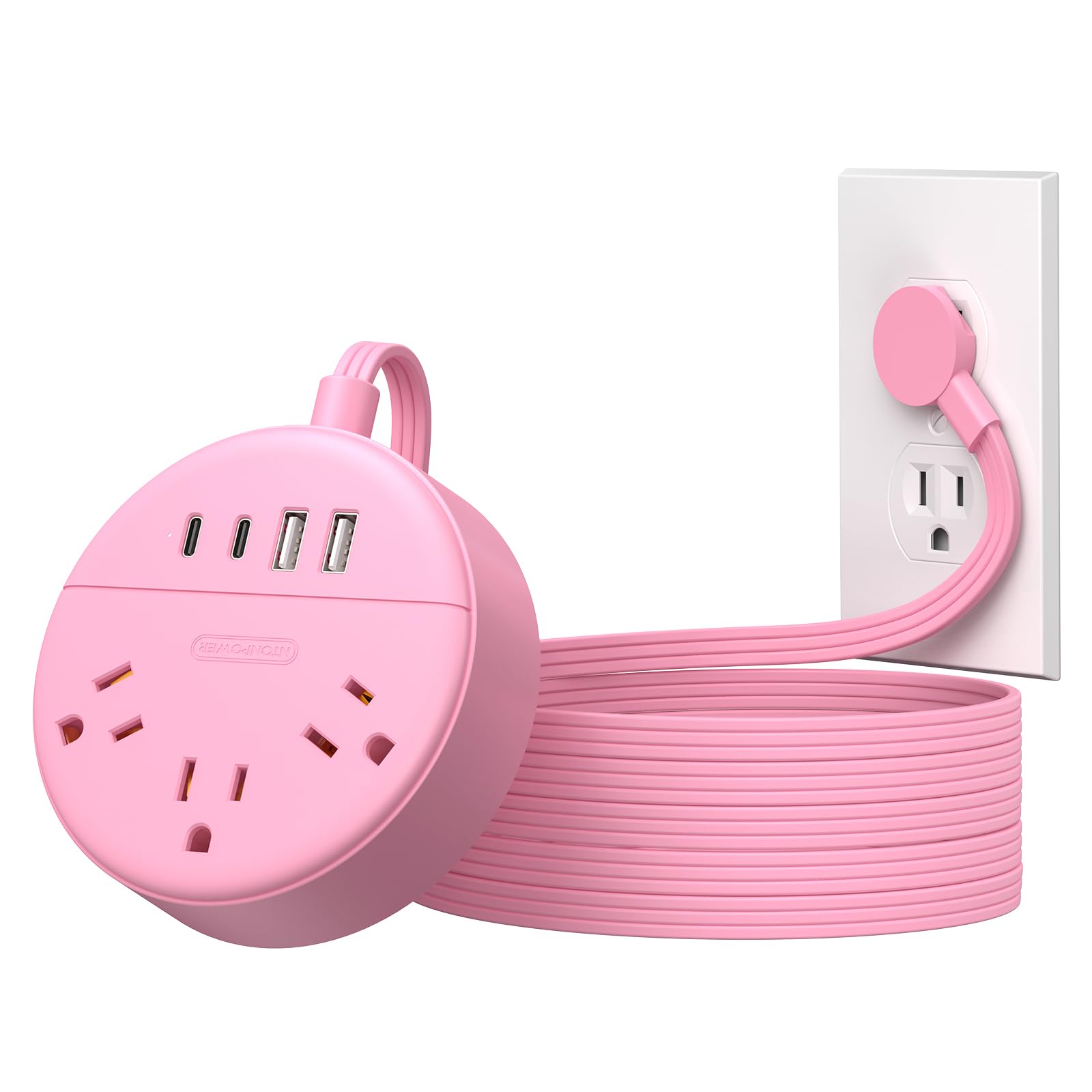 NTONPOWER 10 ft Pink Flat Plug Extension Cord with 2 USB-C & 2 USB-A Ports, Low Profile Power Strip for Under Carpet - Wall Mountable for Home, Office, Dorm Room, Vanity Desk & Nightstand | Perfect for Charging Devices, Powering Lamps & Small Appliances