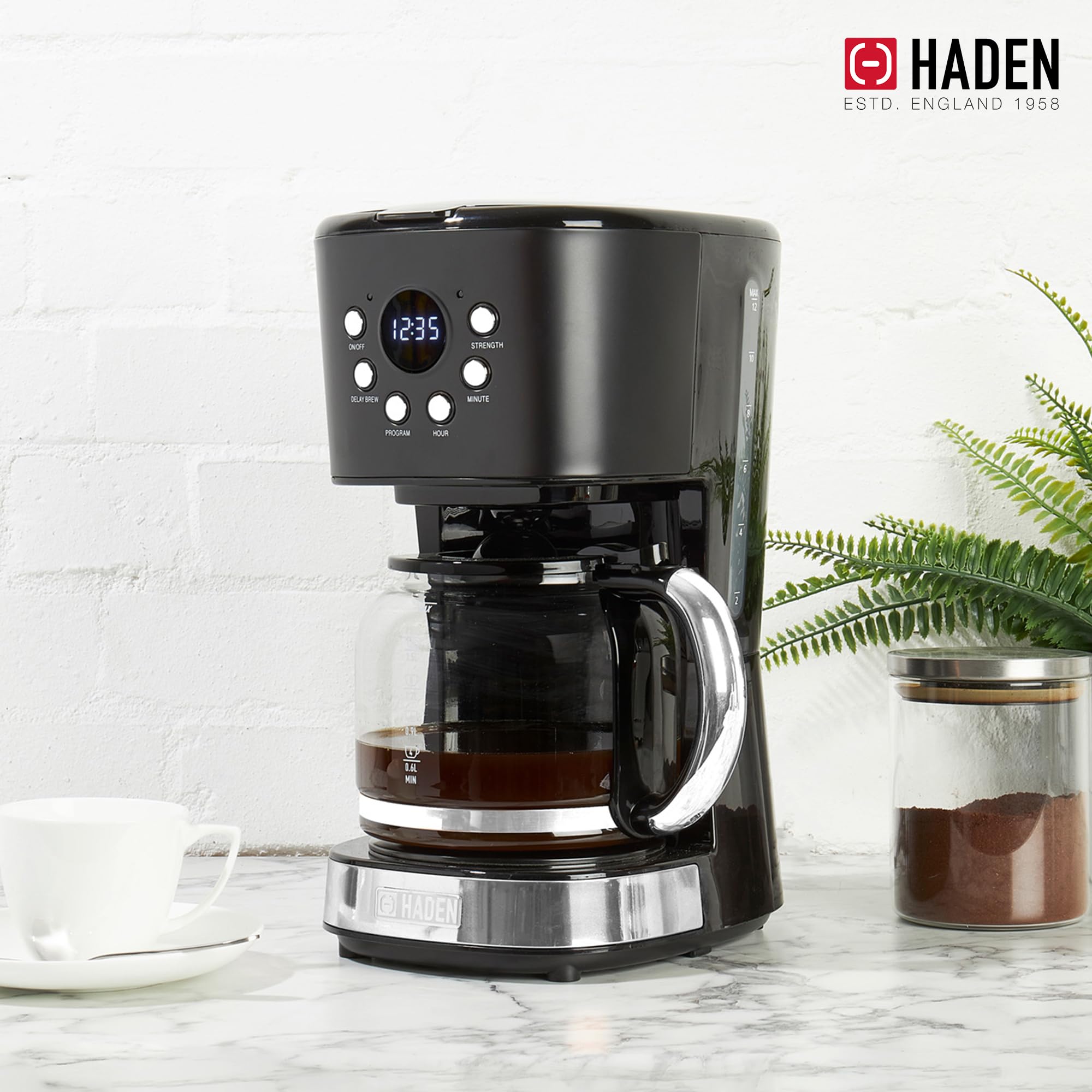 Haden 12 Cup Programmable Drip Coffee Maker with Auto Shut-Off & Reusable Filter - Black & Chrome - Perfect for Home, Office, and Restaurant Use