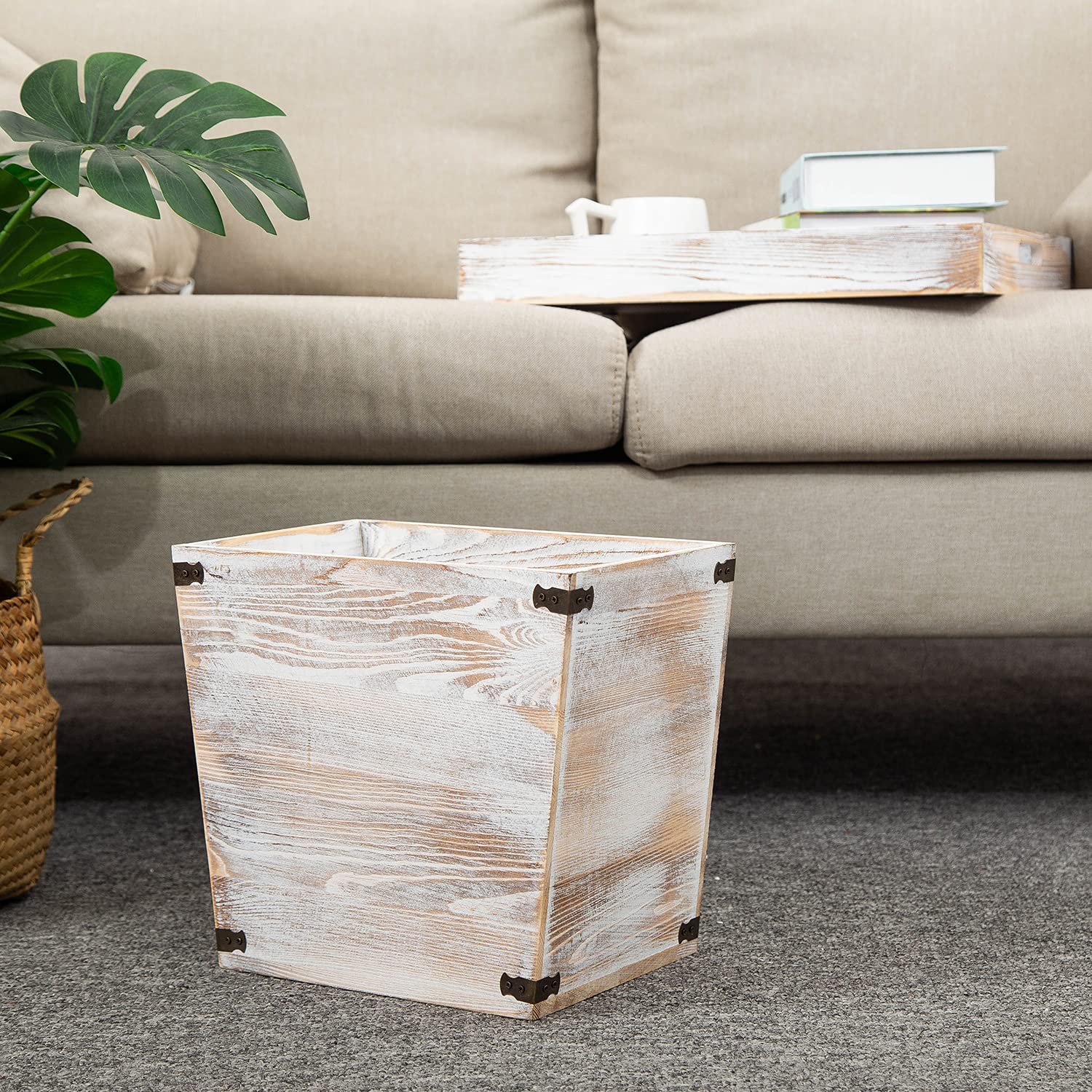VERGOODR Grey Farmhouse Style Torched Wood Trash Can with Decorative Metal Brackets - Rustic Waste Bin for Bedroom, Living Room, Bathroom & Office - Washed White Finish - Perfect for Home Decor, Kitchen & Outdoor Use