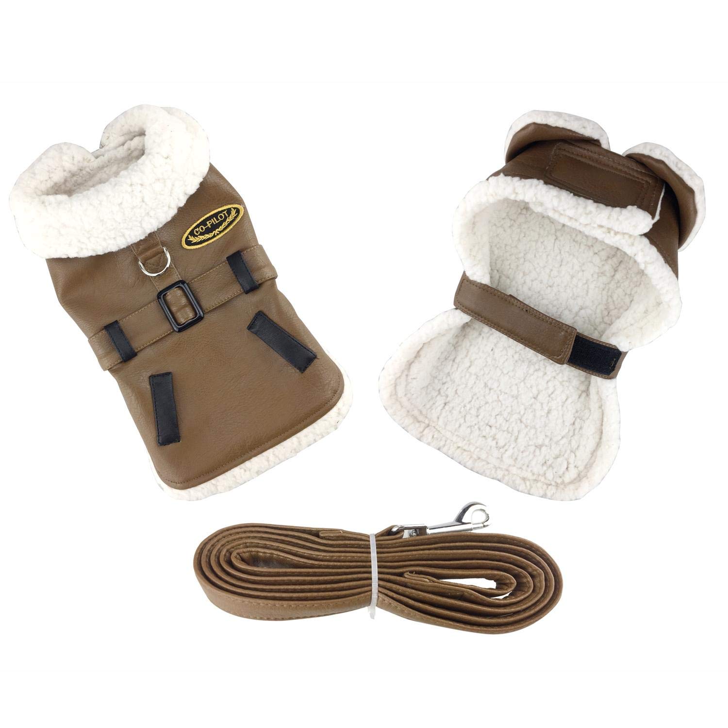 Chocolate Brown Faux Leather Dog Harness with Belted Bomber Jacket Design & Leash - X-Small (Chest 10-13