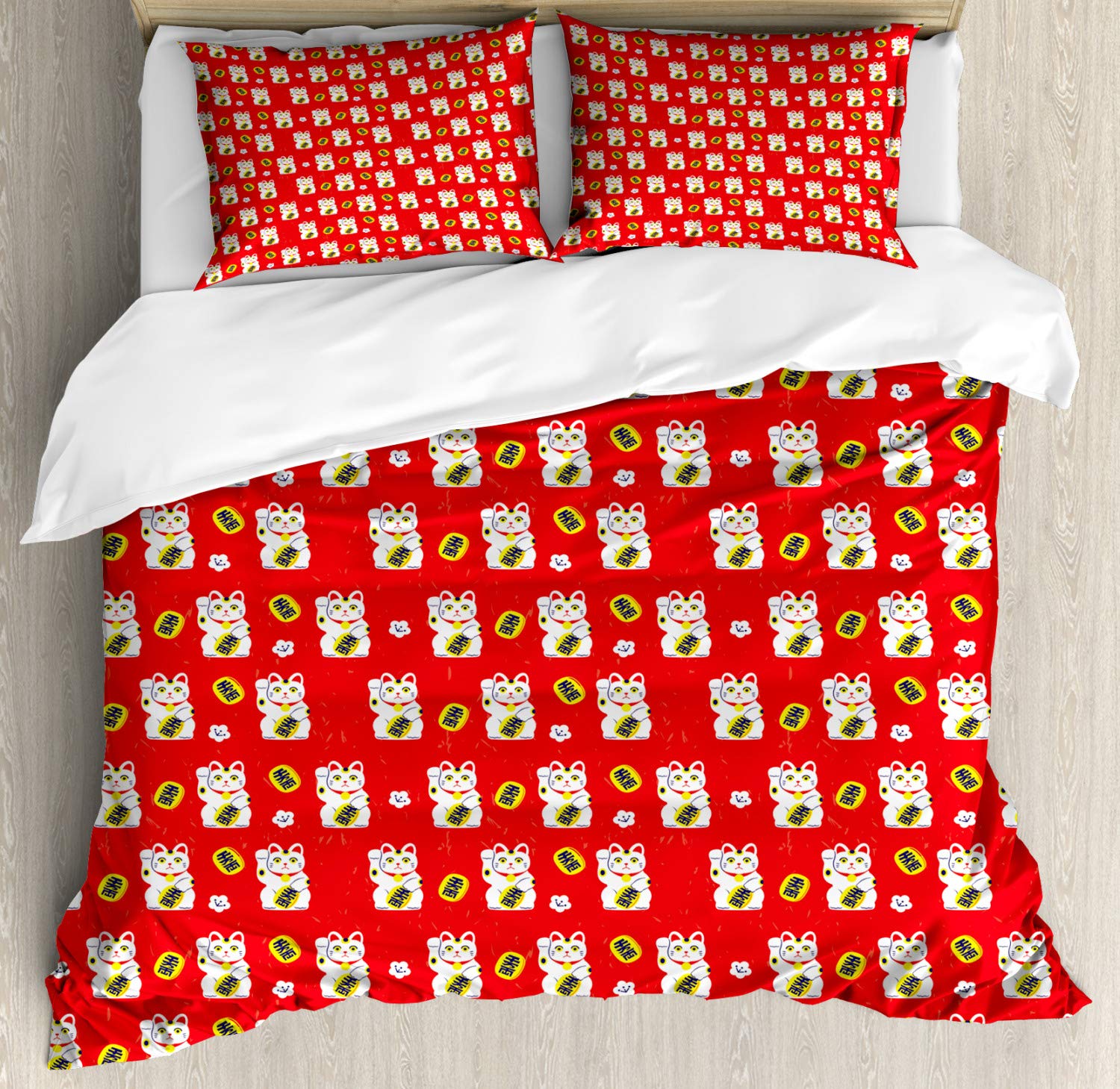 Ambesonne Japanese Cat Duvet Cover Set - Lucky Maneki Neko with Coins & Cat Doodles, 3-Piece King Size Bedding Set (Duvet Cover + 2 Pillow Shams) in Vermilion Yellow - Perfect for Asian-Themed Bedrooms, Lucky Charm Decor & Cat Lover Gifts