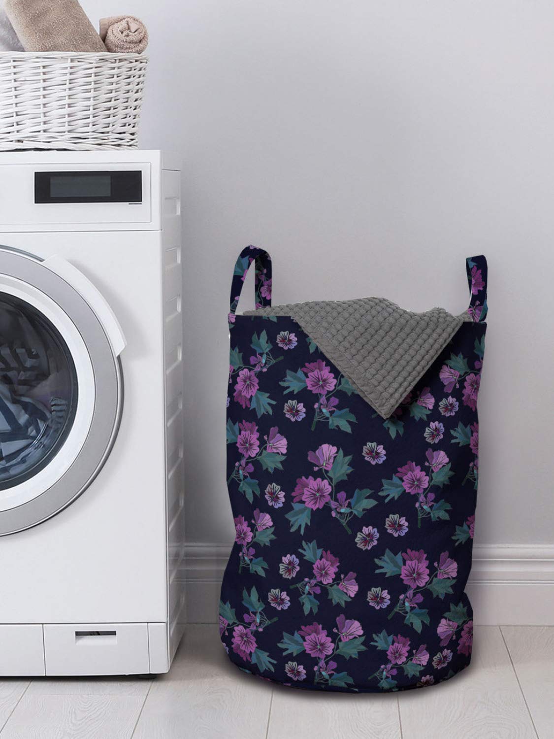 Ambesonne Floral Laundry Bag with Handles - Dark Purple Fuchsia Poppy Lily Flower Pattern on Dark Background - 13