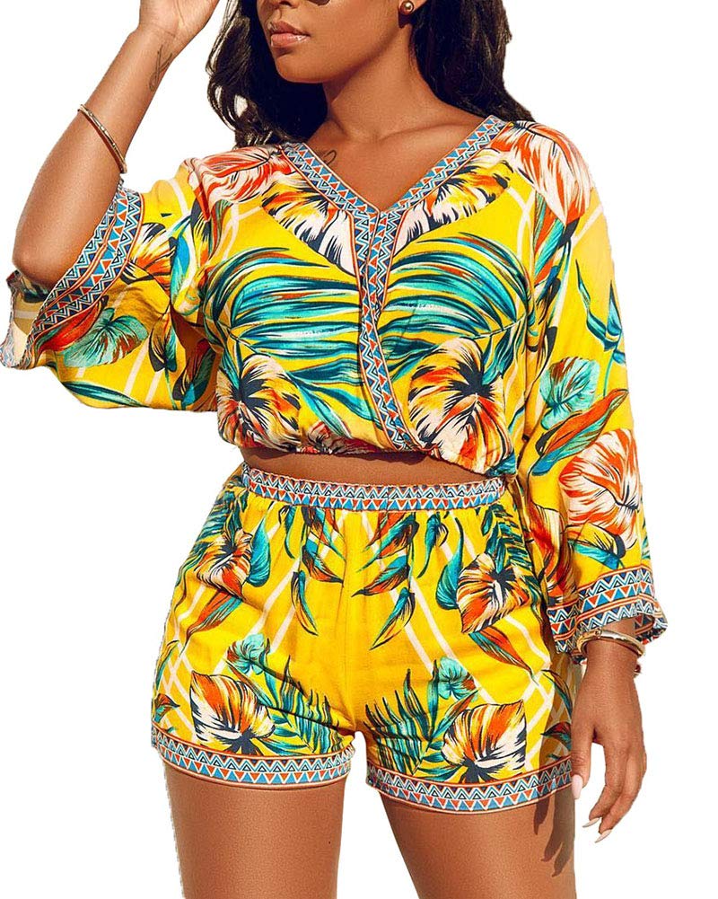 Women's 2 Piece Outfits Summer Boho Floral Print Crop Top & Shorts Set - Casual Beachwear, Vacation Outfit, Street Style Fashion