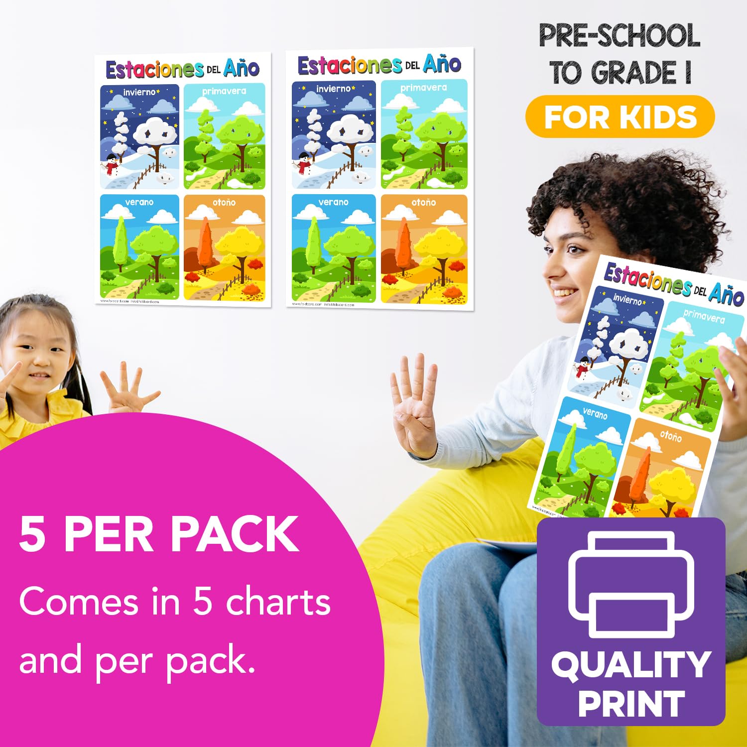 Spanish Seasons Educational Posters for Kids - Bilingual Classroom & Homeschool Learning Visual Aid | Durable Glossy Cardstock 8.5x11 | Perfect for Classrooms, Playrooms & Spanish Language Learning