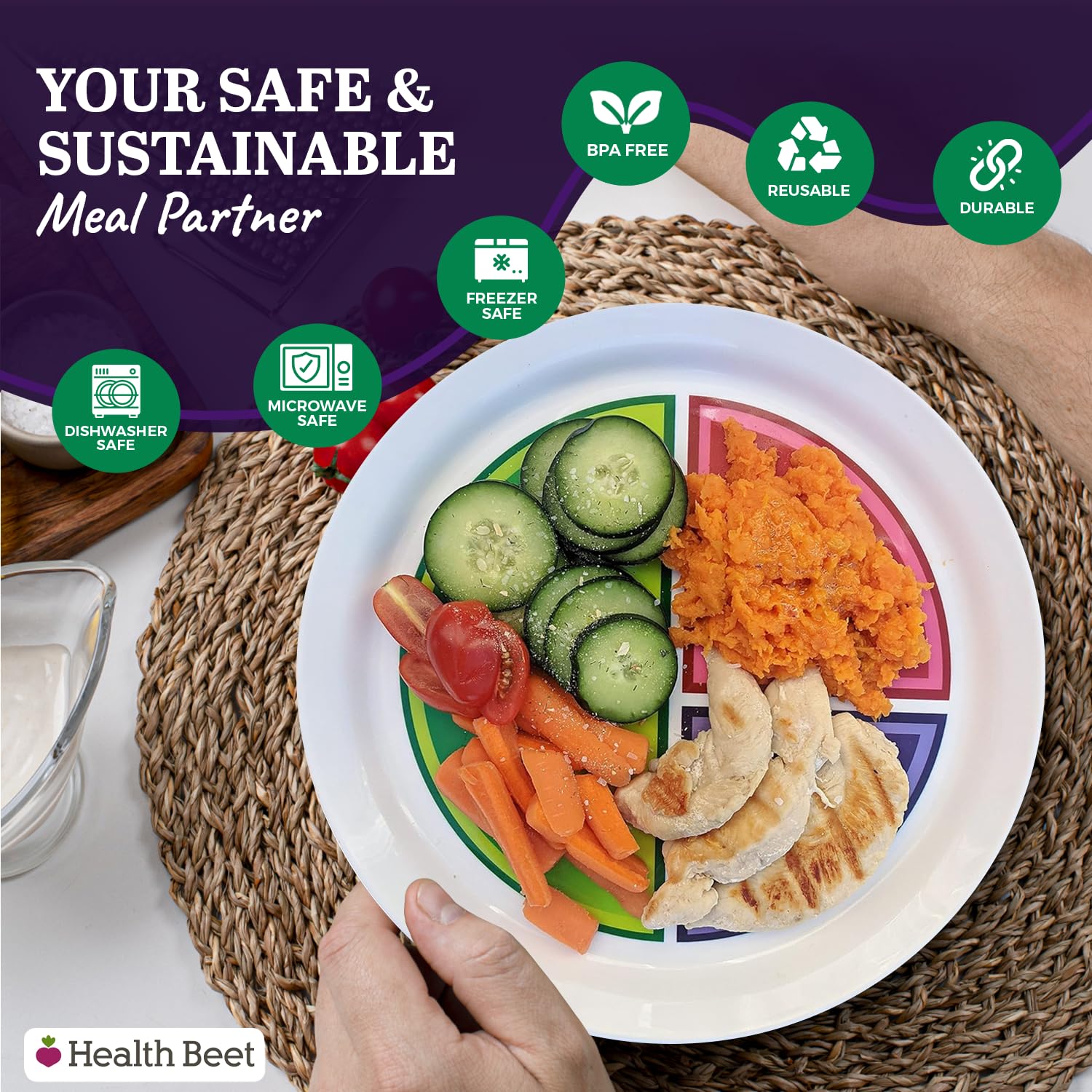 Health Beet 10” Macro Diet Portion Control Plate for Balanced Eating - 3 Section Bariatric Plate for Veggies, Carbs & Protein - Microwave & Dishwasher Safe - Perfect for Weight Loss, Meal Prep & Healthy Eating for Adults & Kids - 1 Pack