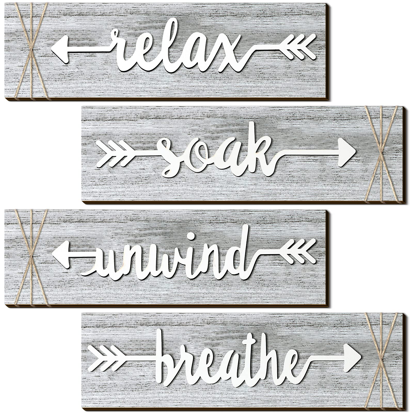 Jetec 4-Piece Rustic Farmhouse Bathroom Wall Art Set - Wooden 'Soak Relax Unwind Breathe' Signs with Arrow Design, Vintage Country Decor for Bathroom, Laundry Room & Home (Purple) - Perfect for Spa-Like Relaxation and Farmhouse Style Décor