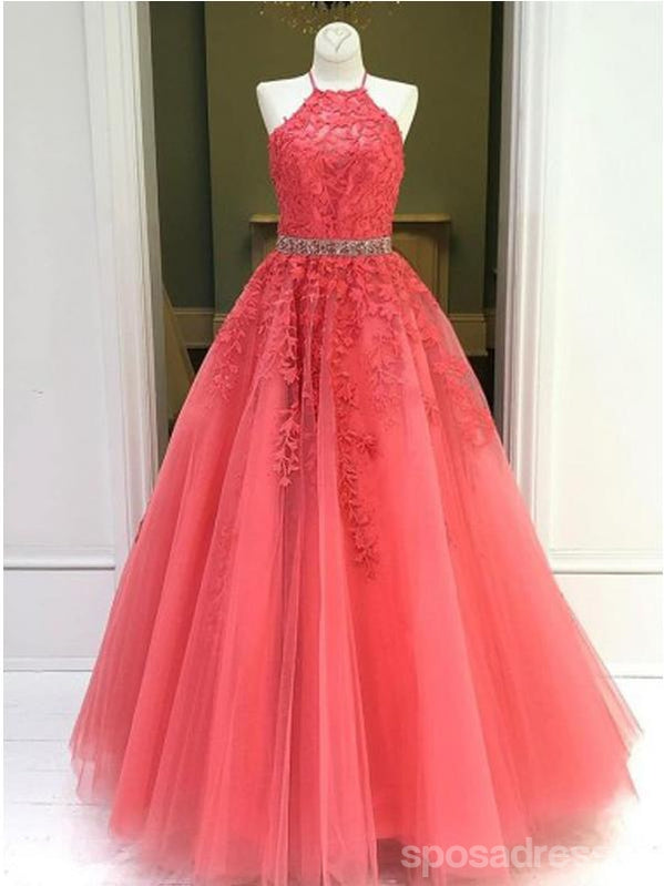 Floral Watermelon Red A-Line Halter Sleeveless Long Prom Dress for Women | Elegant Evening Gown for Homecoming, Ballroom Dance & Formal Events