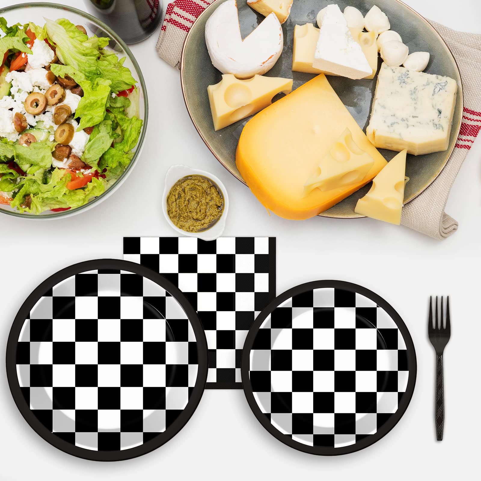 96-Piece Black and White Checkered Tableware Set - Racing Car Themed Plates, Napkins & Forks for 24 Guests - Perfect for Race Car Birthday Parties, Sports Events & Themed Dessert Tables