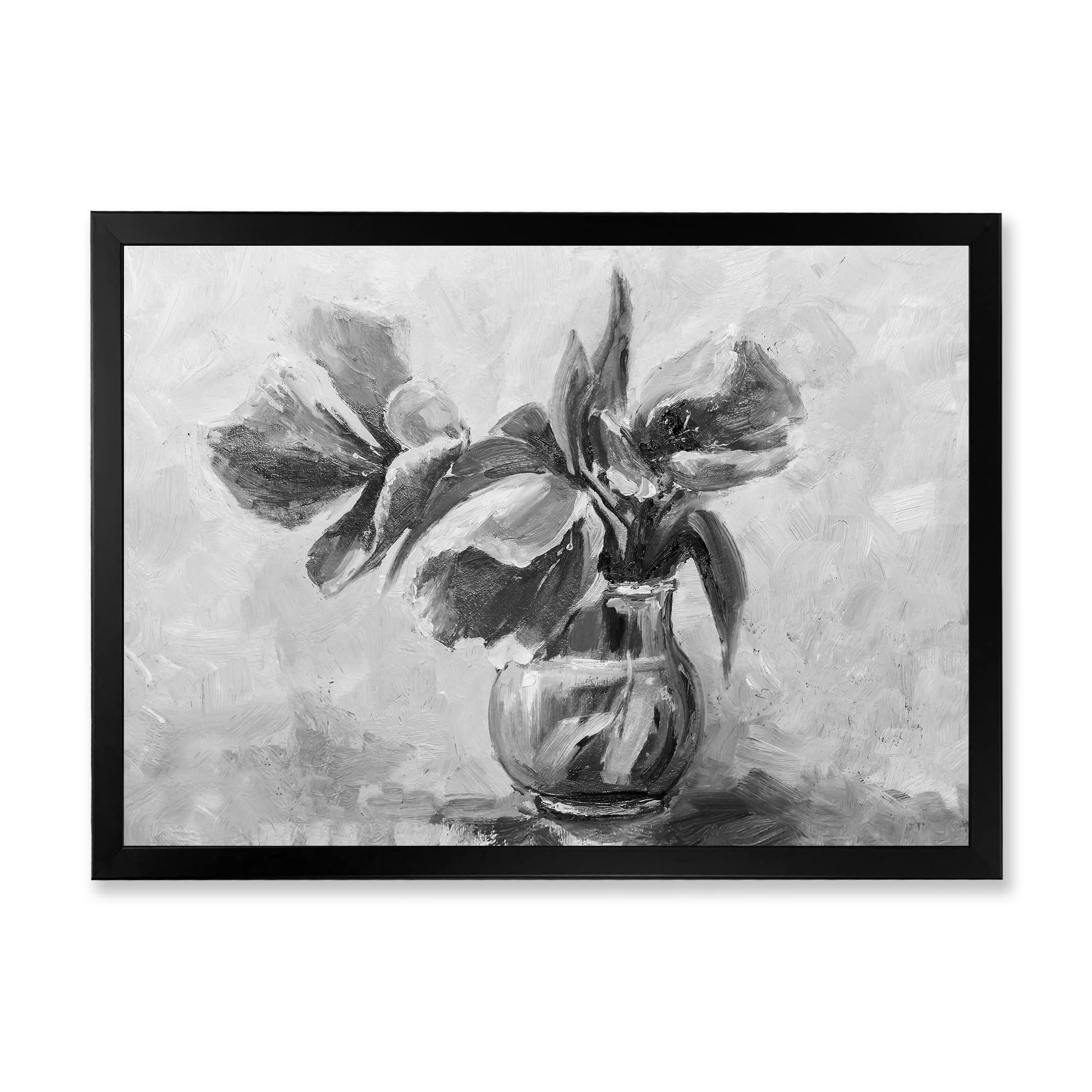 Monochrome Still Life Flower Vase Painting - Traditional Framed Wall Art Decor for Living Room, Bedroom & Office