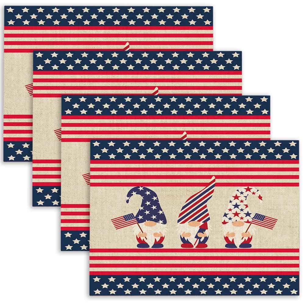 **4th of July American Flag Placemats Set of 4 – Patriotic Independence Day Decor with Cute Gnomes, 18x12 Inch Navy Placemats for Dining Table, BBQ, and Holiday Parties**