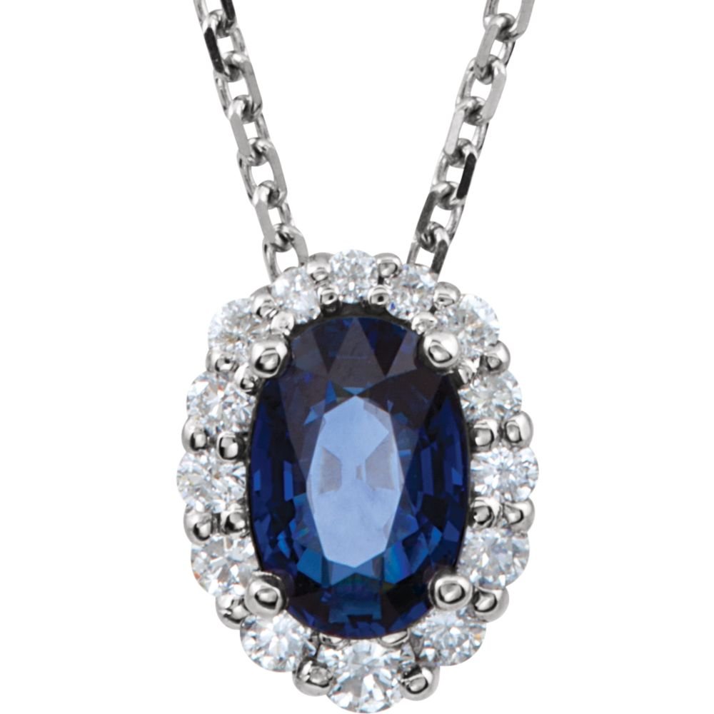14K White Gold Oval Sapphire and Diamond Necklace for Women - 6x4mm Polished Sapphire with 0.17 Dwt Diamonds - Elegant Jewelry Gift for Anniversary, Birthday & Special Occasions
