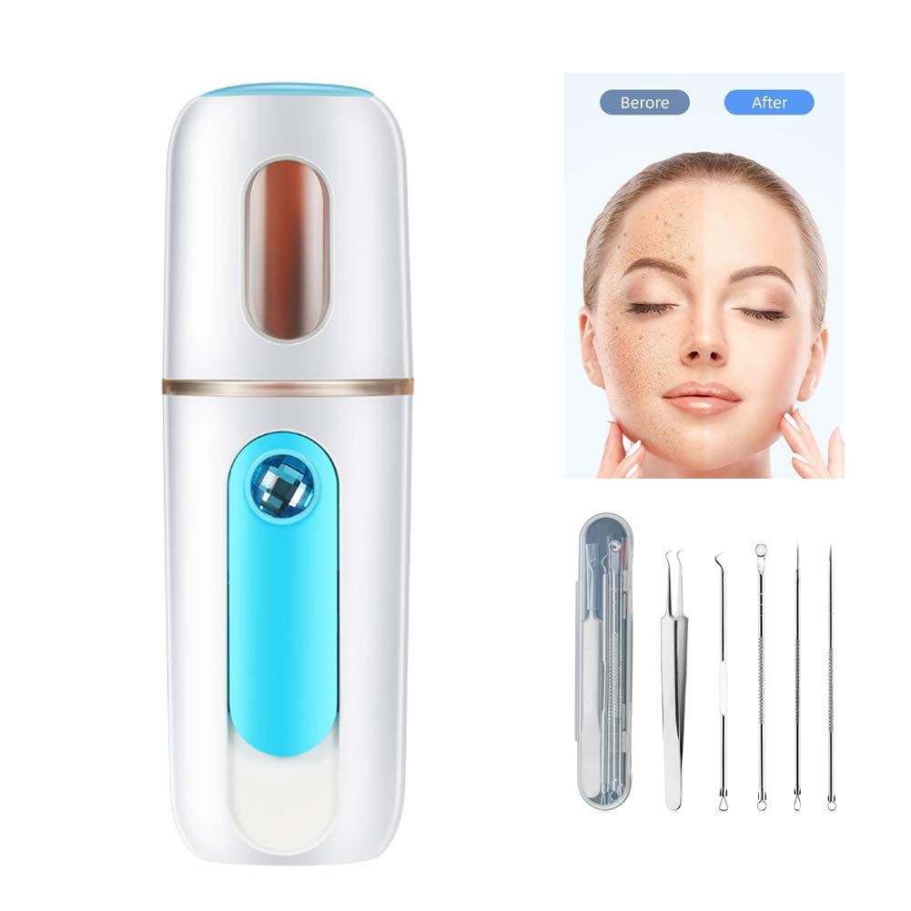 Portable Nano Facial Mister - USB Rechargeable Moisturizing Sprayer with 5-Piece Skincare Kit | Hydrating Face Steamer for Dry Skin, Travel & On-The-Go Use | Blue Cosmetic Device for Home & Office Hydration