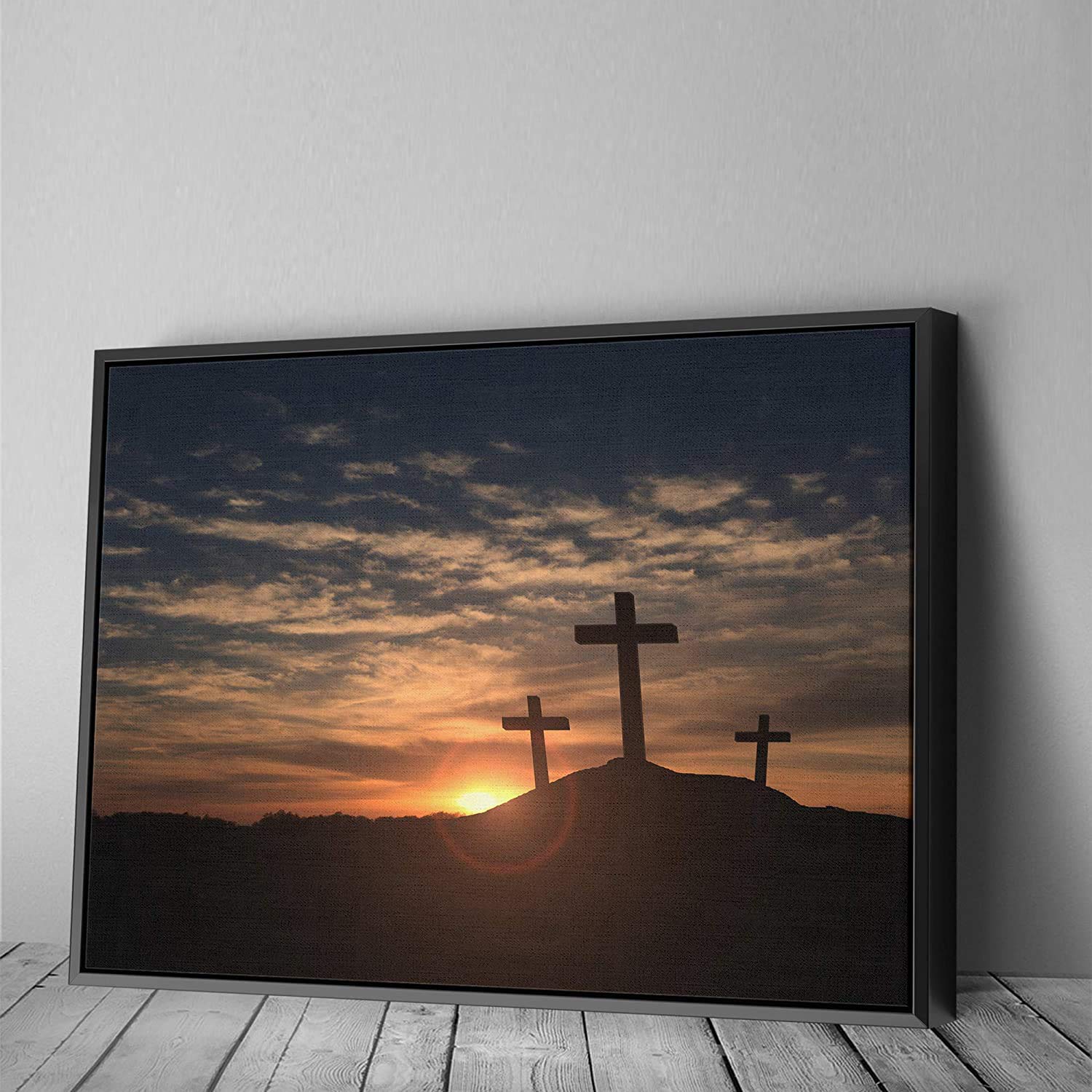 Best Famous Nature Canvas Wall Art - 36x24 Inch Modern Black Framed Panoramic Christian Easter Three Crosses Painting - Home Decor for Living Room, Bedroom & Office