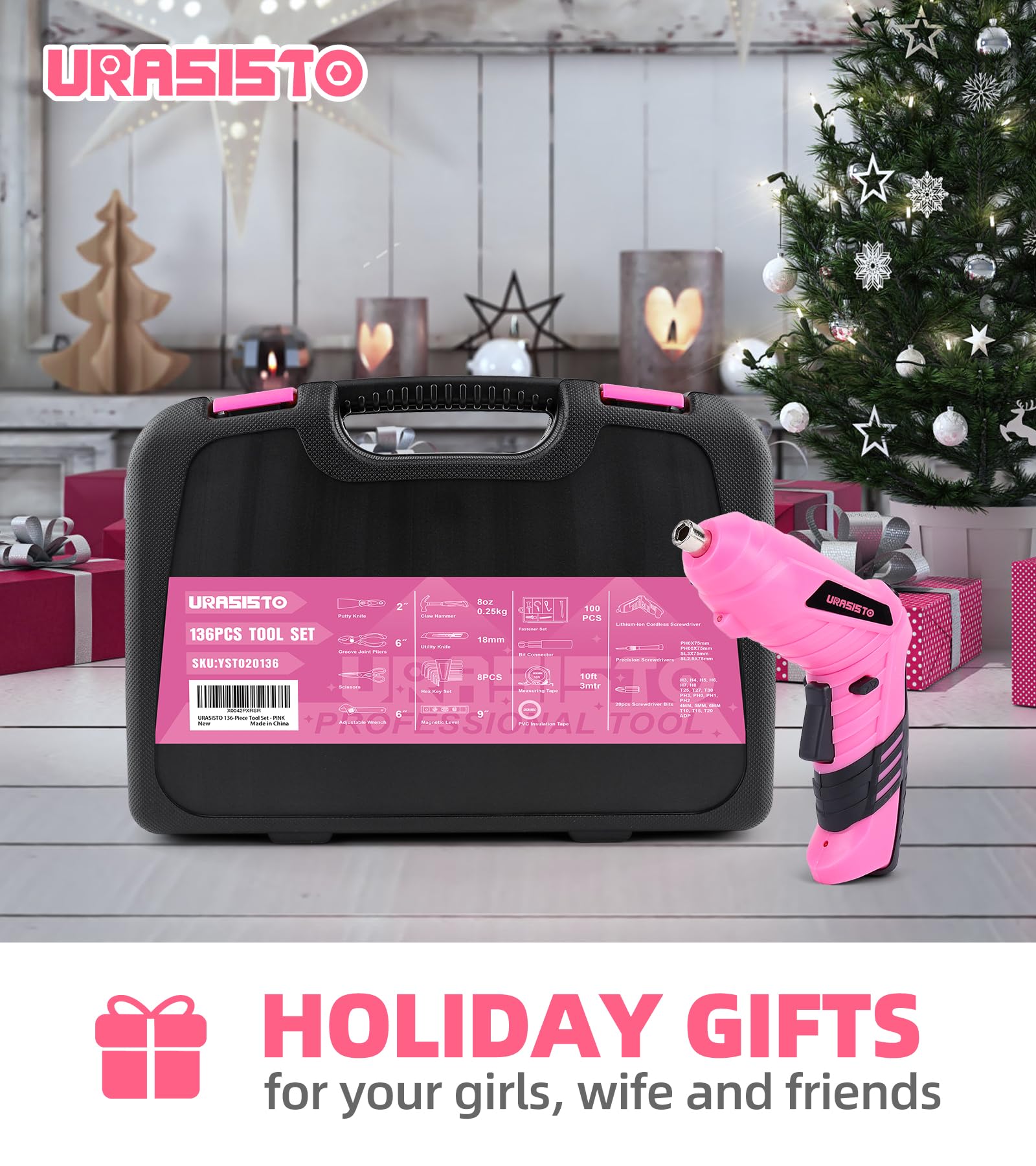 Pink 136-Piece Household Tool Set with 3.6V USB Electric Screwdriver & Cordless Lithium-ion Drill - Complete Home Repair Kit for Women | DIY Projects, Furniture Assembly, Small Repairs