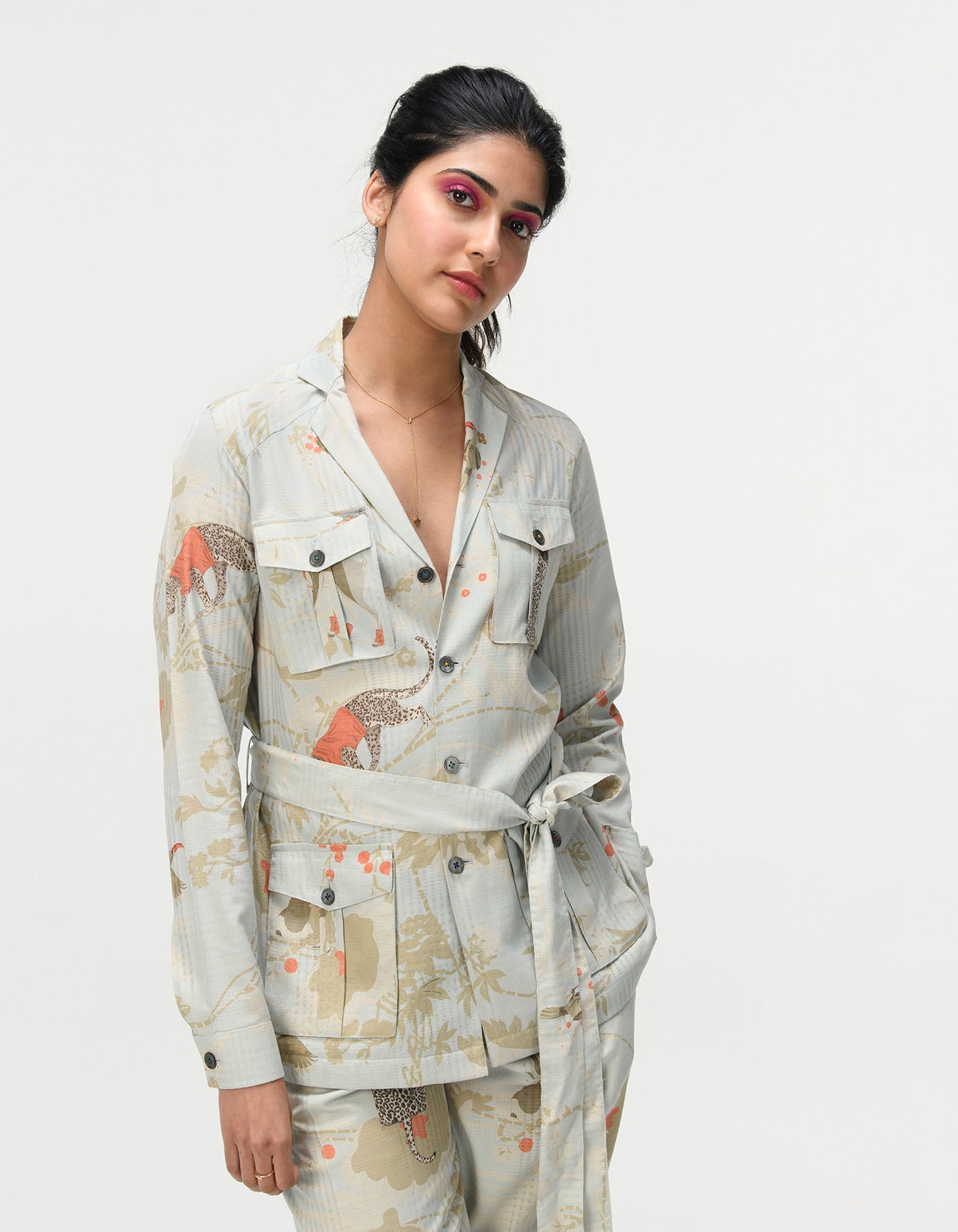 Men's Safari Jacket - Cotton Silk Blend Checkered Pattern in Ice Blue - Perfect for Outdoor Adventures & Casual Wear