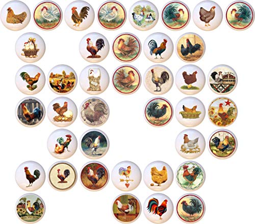 40-Piece Ceramic Chicken Rooster Chick Knob Set - Glossy Decorative Cabinet & Dresser Drawer Pulls for Farmhouse Kitchen & Bathroom Decor