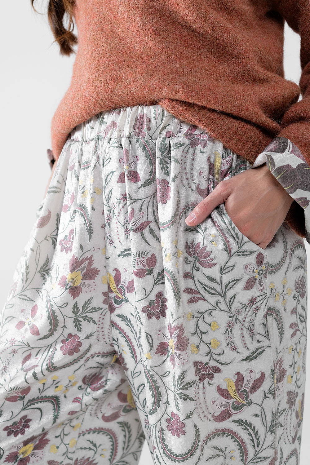 Grey Floral Print Satin Pants for Women - Elegant Lounge & Evening Wear