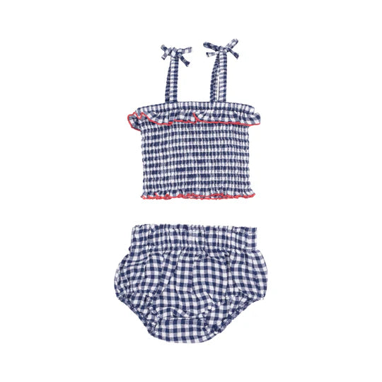 Muslin Smocked Ruffle Top and Bloomer Set - Navy Gingham Baby Outfit for Photoshoot, Birthday Party & Special Occasions