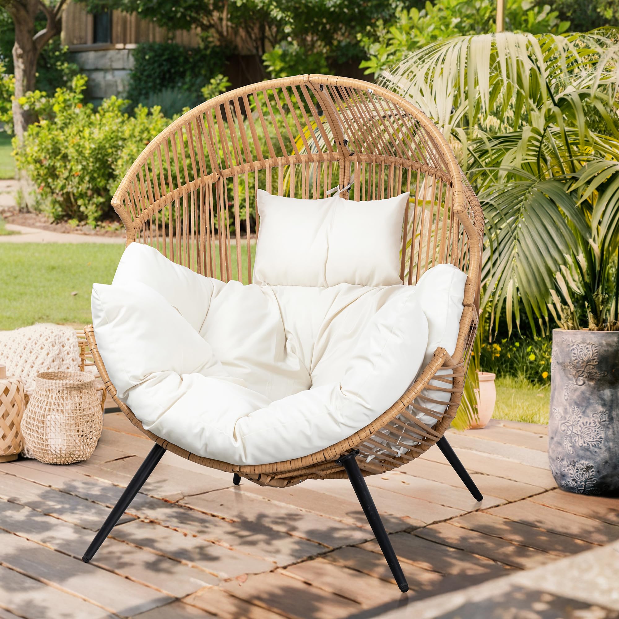 Vongrasig PE Rattan Egg Chair with Cushion - Oversized Wicker Hanging Chair for Patio, Garden, Balcony & Indoor Use - Comfortable Outdoor Lounge Chair in Beige - Perfect for Relaxing, Reading & Sunbathing