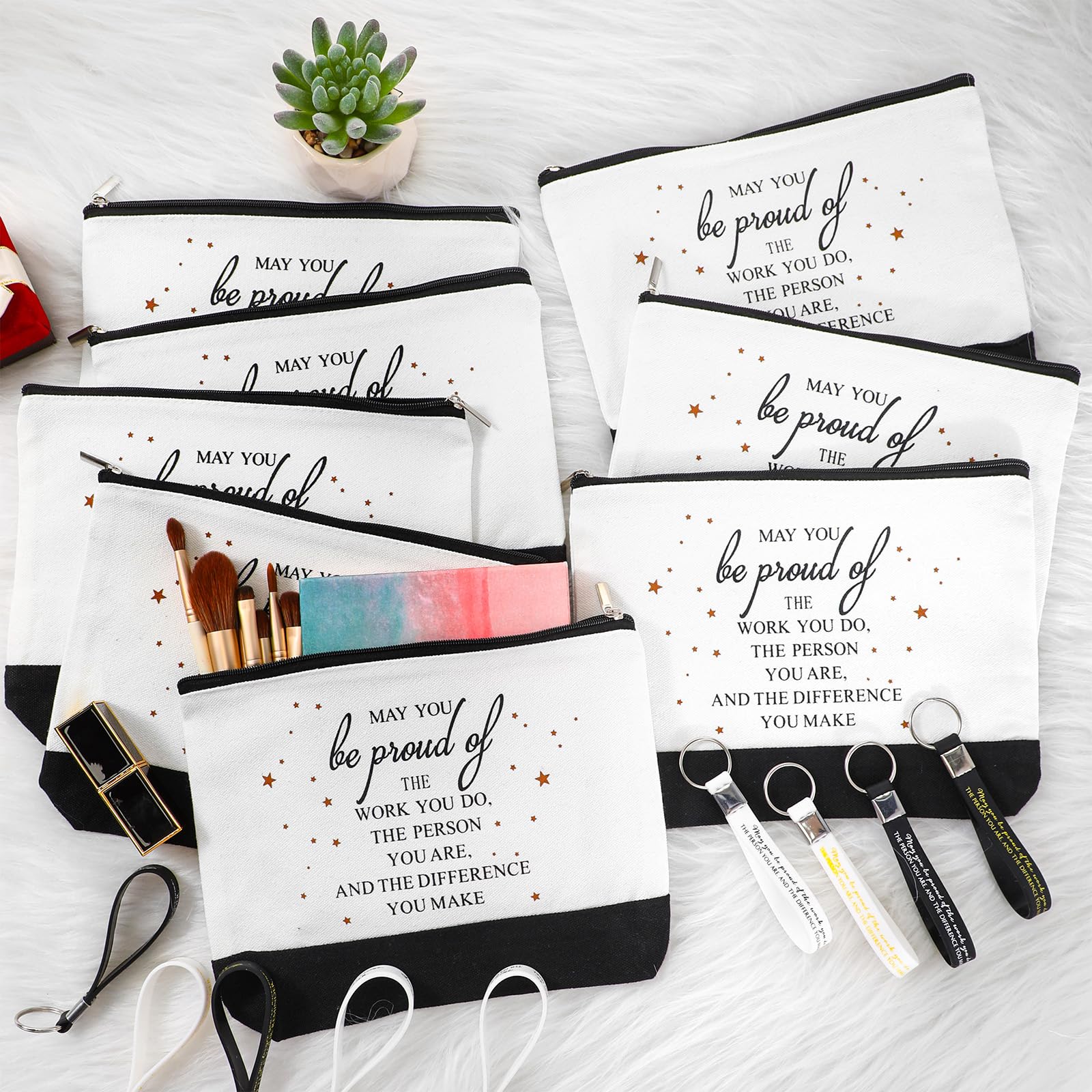 Sanwuta 80 Pcs Inspirational Canvas Makeup Bags & Keychains Set - Bulk Employee Appreciation Gifts for Women, Teachers, Coworkers (Be Proud Sign) - Perfect for Corporate Events, Thank You Gifts, and Motivational Rewards