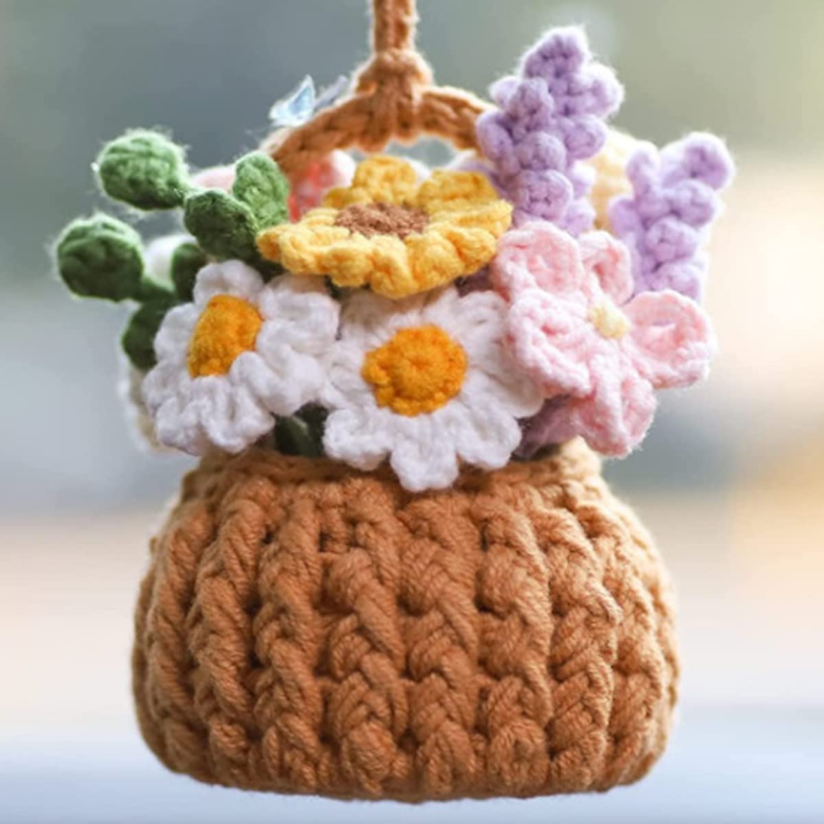 Crochet Potted Plant Hanging Car Rear View Mirror Decor - Handmade Knitted Charm Ornament for Women & Men - Aesthetic Car Accessories Interior (Coffee/Green) - Perfect for Road Trips & Daily Commute