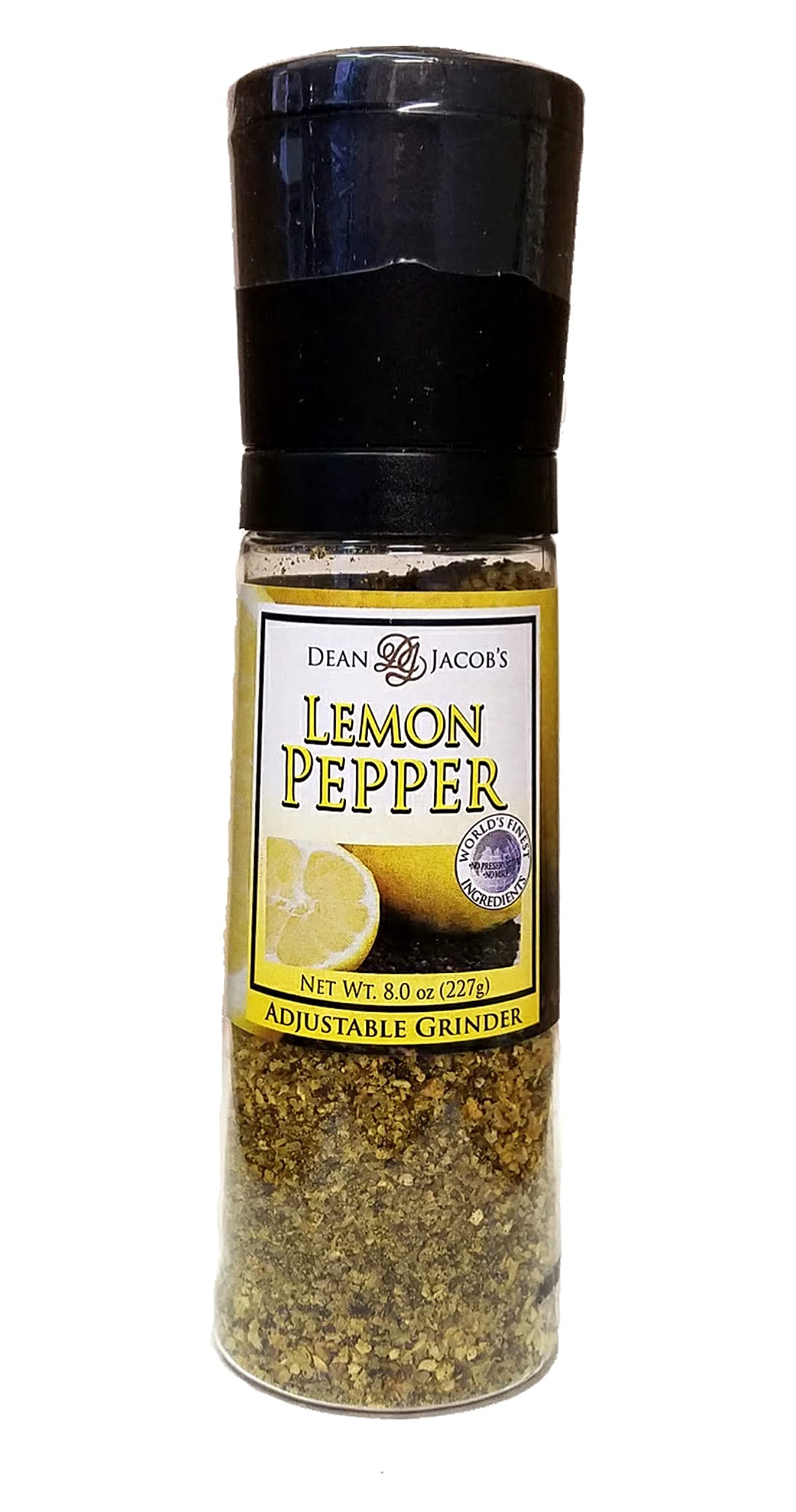 Dean Jacobs Lemon Pepper Seasoning Blend 8oz - Large Adjustable Grinder for Fresh Zesty Flavor | Perfect for Chicken, Fish, Seafood, Salads & BBQ | Gourmet Spice for Home Cooking & Grilling
