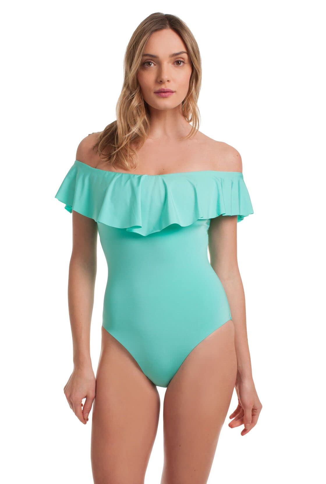 Trina Turk Women's Off Shoulder Ruffle Bandeau One Piece Swimsuit | Flattering Swimwear for Beach, Pool & Vacation | Trendy Summer Bathing Suit for Women