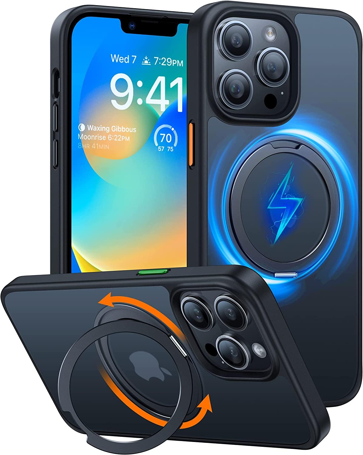 TORRAS 360° Rotatable Magnetic Ring Holder Case for iPhone 13 Pro - Military Grade Shockproof, Slim Translucent Back, Magsafe Compatible with Stand - Perfect for Hands-Free Viewing, Gaming & Video Calls (Space Black)