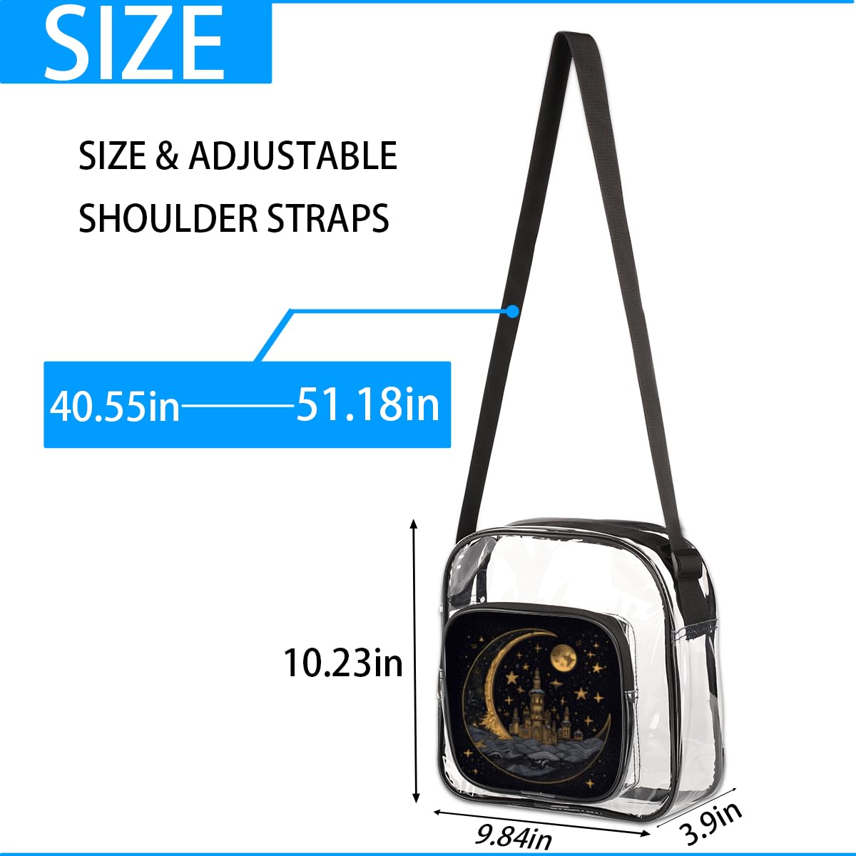 Sun Moon Clear Crossbody Purse Bag - Gold & Black Moon Pattern Stadium Approved Clear Bag for Women & Men | Perfect for Concerts, Festivals, Sports Events & Travel Security Checks