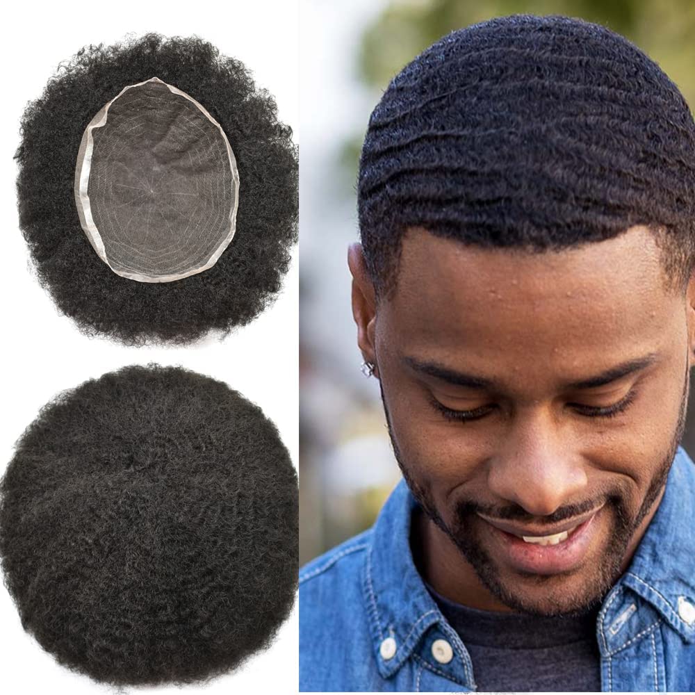 Afro Toupee for Black Men - Kinky Curly Human Hair Toupee with French Lace Base - 8
