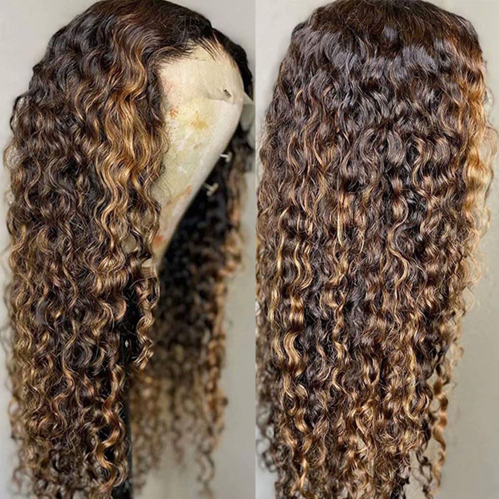 1B/27 Deep Wave Lace Front Wigs Human Hair 200 Density 13x6 HD Lace Frontal Wigs - Ombre Highlight Glueless Human Hair Wigs for Black Women (28 Inch, Black with Blonde Curly) - Perfect for Daily Wear, Parties, Weddings & Special Occasions