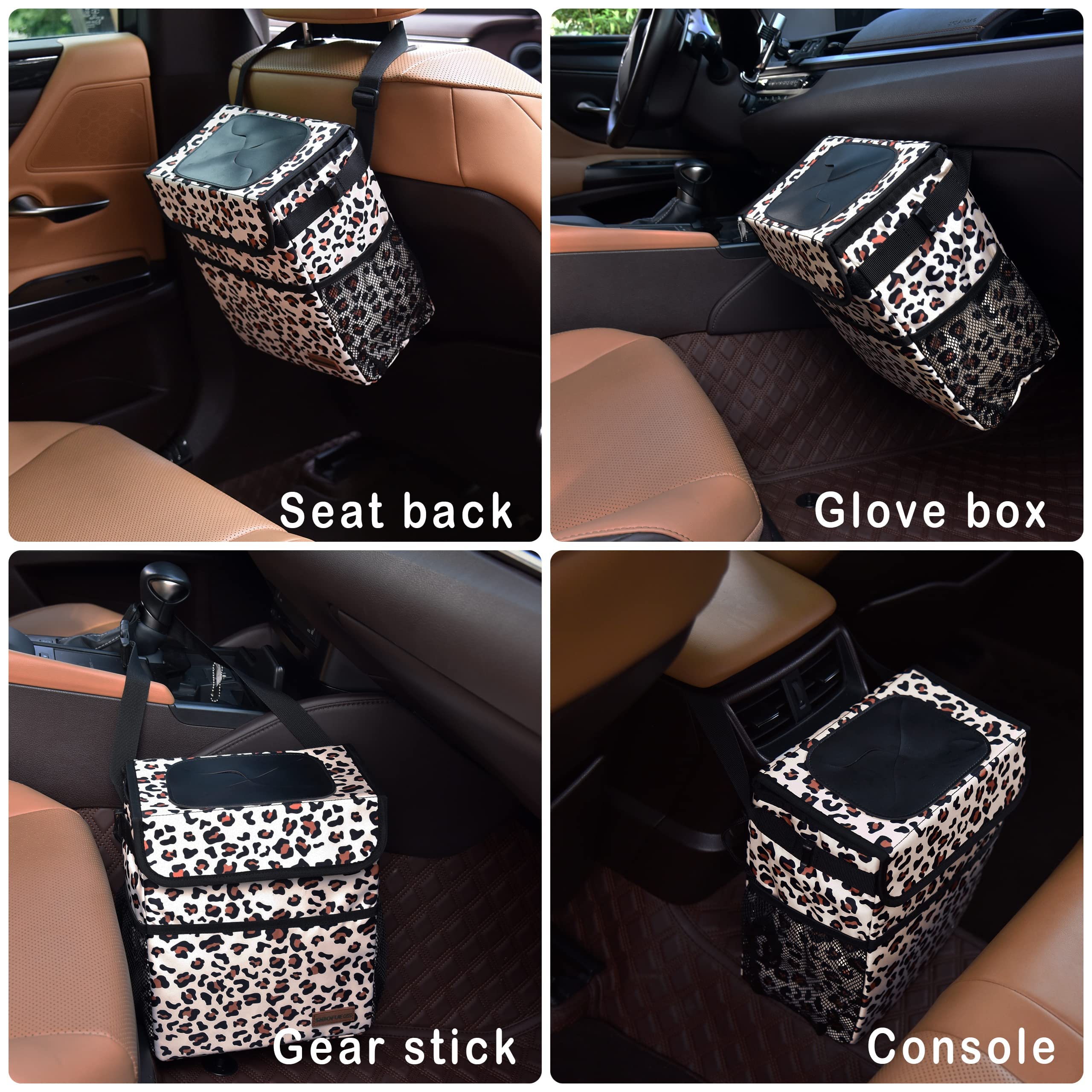 Leopard Print Collapsible Car Trash Can with Lid - 2 Gallon Waterproof & Leak-Proof Vehicle Garbage Bin with Storage Pockets & Adjustable Straps | Perfect for Road Trips, Commuting, and Keeping Your Car Clean