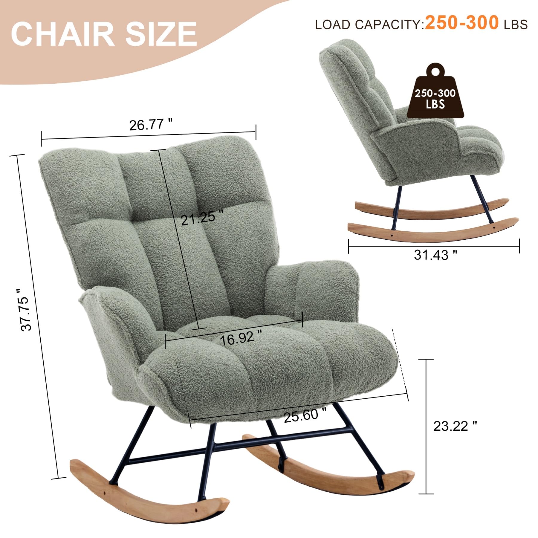 Comfy Teddy Upholstered Glider Rocking Chair with Padded Seat & High Back - Nursery Rocker for Baby Room, Living Room or Bedroom (Sage Green) | Perfect for Nursing, Reading & Relaxing
